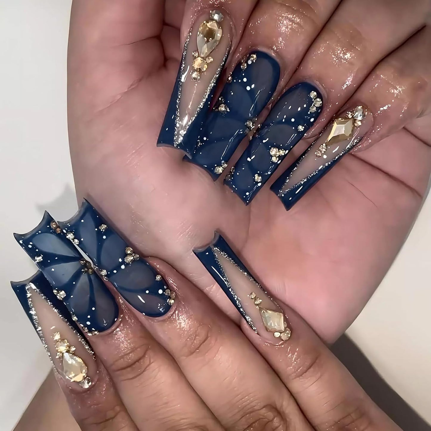 MISUD Press on Nails - Long Square Fake Nails with Navy Blue, Acrylic Butterfly Rhinestone Design 24 pcs