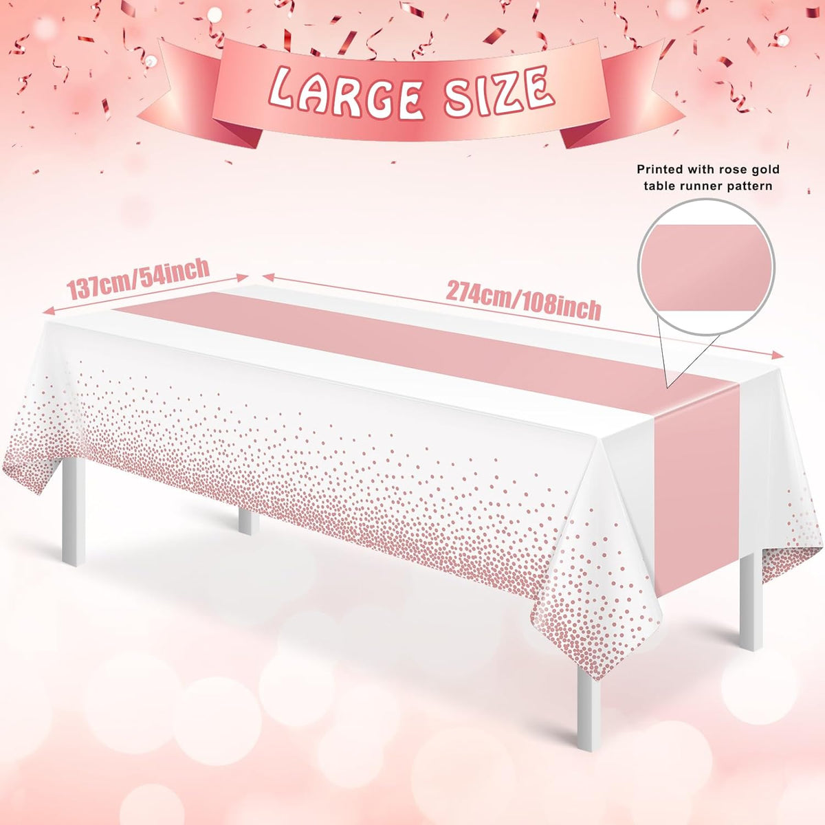 1Pcs White and Rose Gold Tablecloth Party Decorations,Plastic White Table Cloth Printed Rose Gold Table Runner Disposable Rectangle Cover for Birthday Anniversary Wedding Grad Party,54 x108 Inch