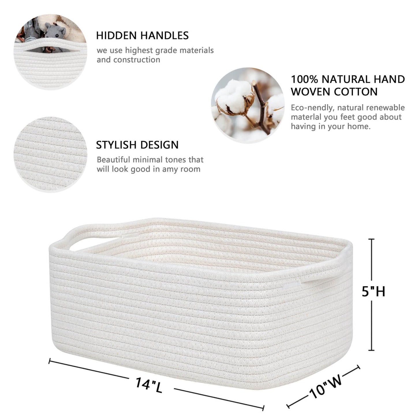 CubesLand Cute and Durable Small Cotton Rope Basket for Organizing, Woven Closet Storage Bin,Shelves Closet Storage Basket, Bathroom Storage Organizer Bin, Nursery Toy Basket Bin, White Basket