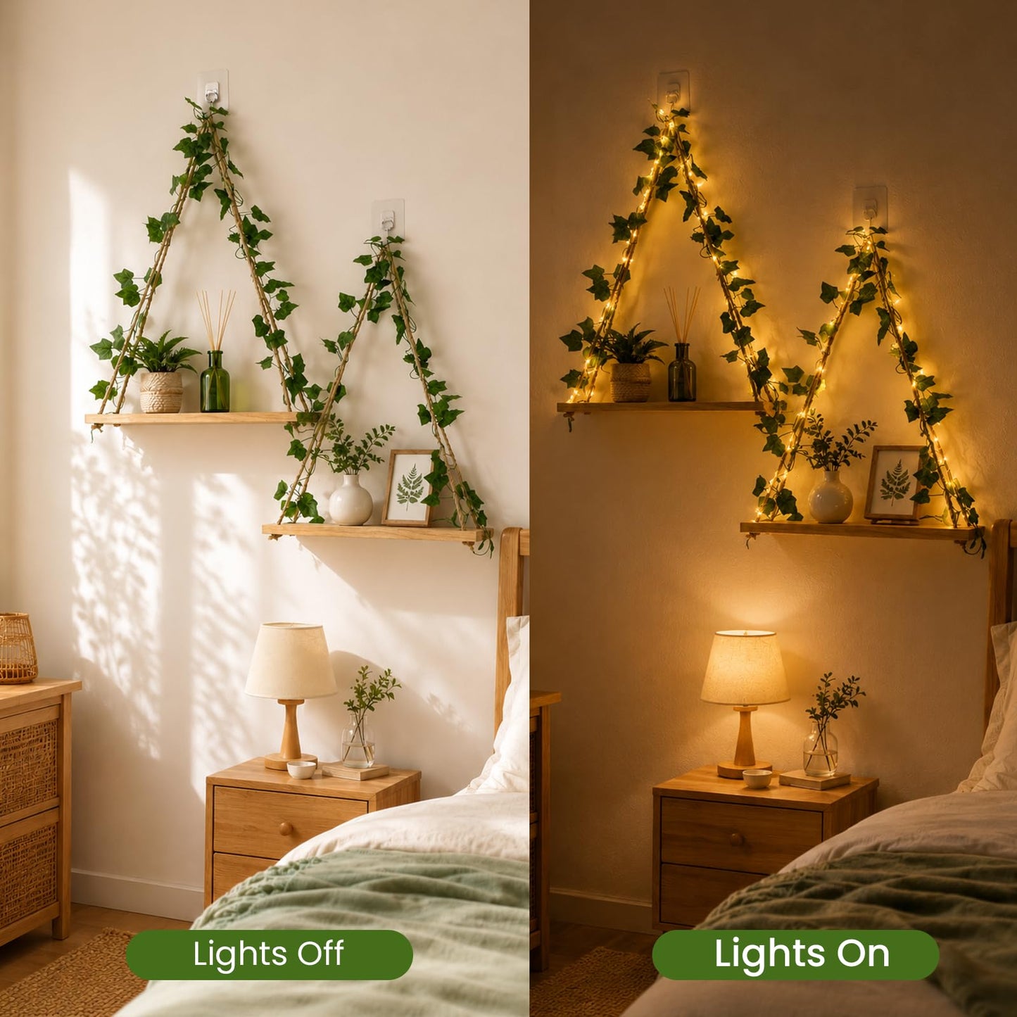 RICHER HOUSE Macrame Floating Shelves for Wall No Drilling, Boho Hanging Shelf with Artificial Ivy and LED Lights, Plant Wall Decor for Living Room Bedroom Dorm