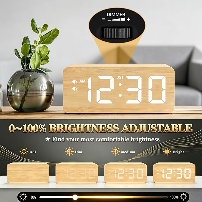 URAYCO Wood Digital Alarm Clock with 10W Fast Wireless Charger, USB Charging Ports, DST, Dimmable, Snooze, Large Number LED Display for Bedrooms, Desk, Living Room Table, Bedside, Nightstand (Bamboo)