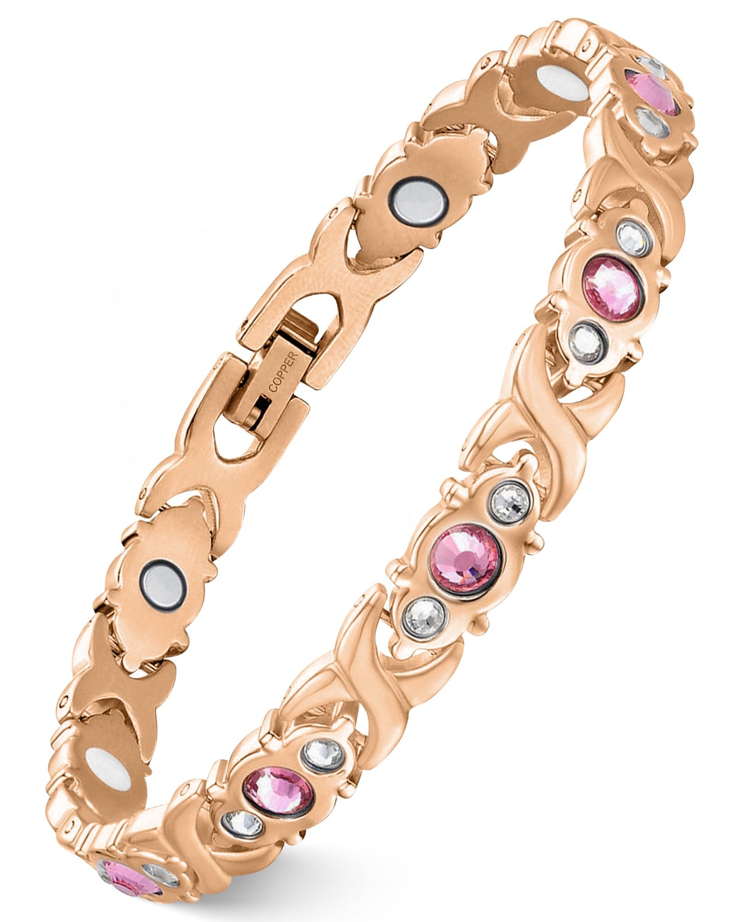 Feraco Pure Copper Bracelets for Women, 4 Elements Magnetic Bracelet with 3800 Gauss Neodymium Magnets & Dazzling Crystals, Adjustable Jewelry Gift (Rose Gold)