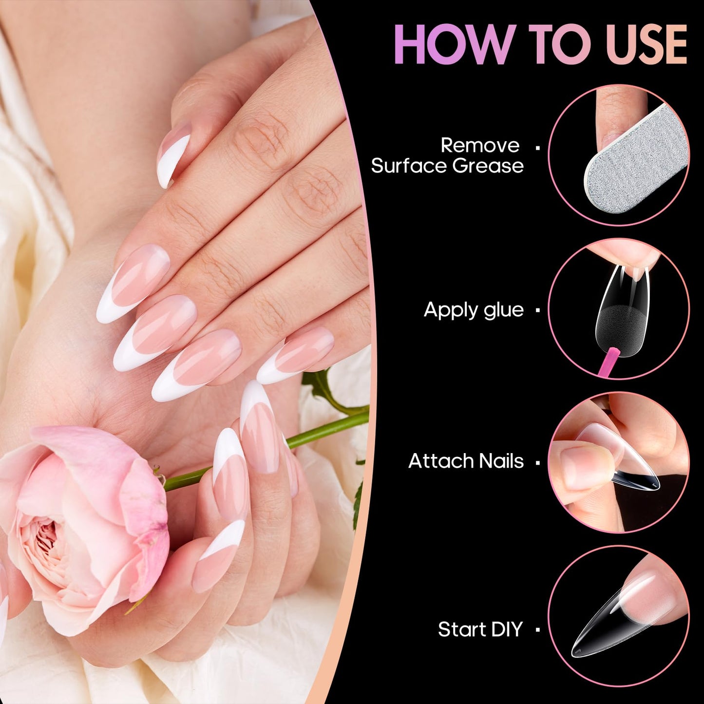 Ranrose Almond Nail Tips 240pcs Half Matte Full Cover False Nail Soft Gel Acrylic Nails Extension Tips 12 Sizes Press on Nails Home Salon DIY Gift for Women