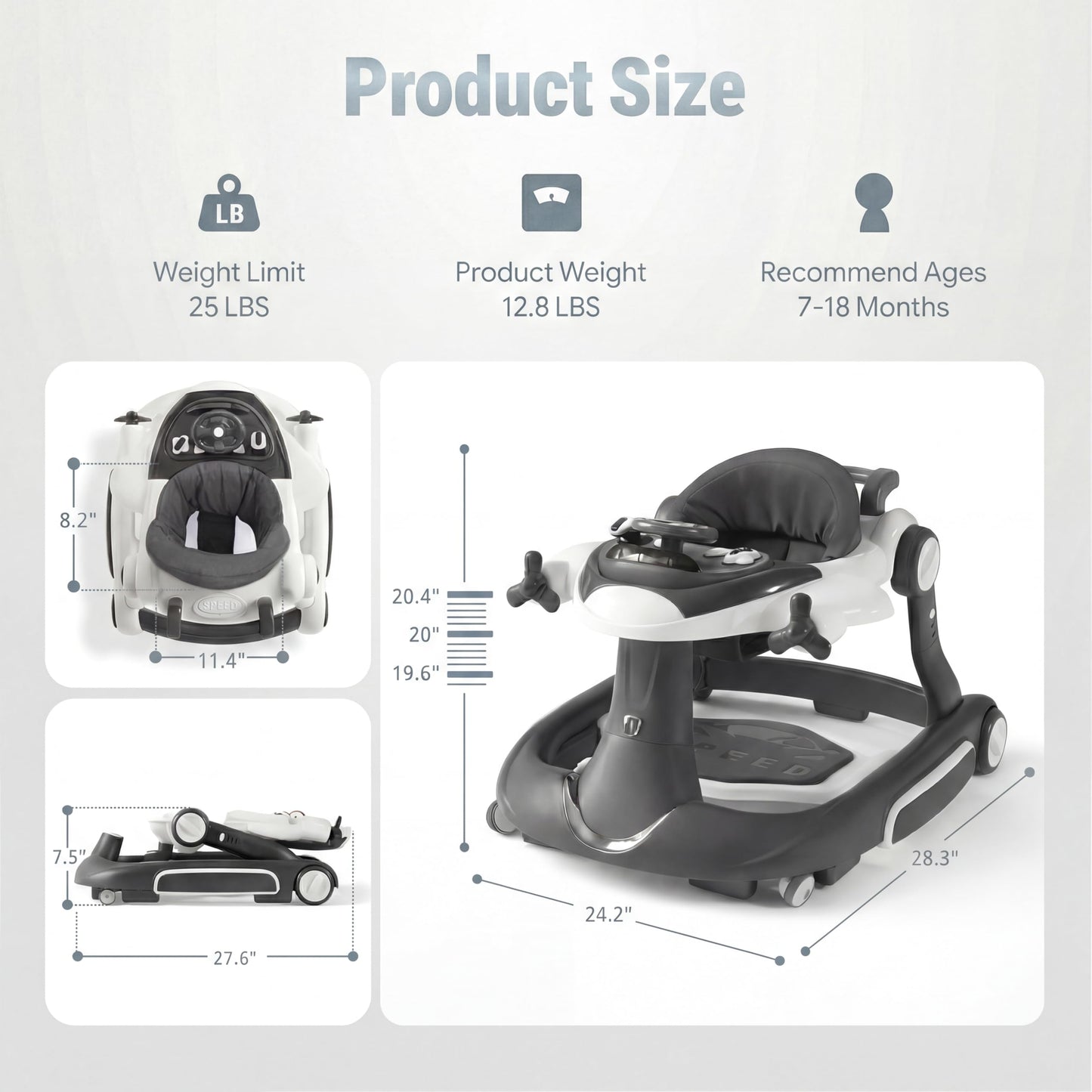 TODECARE 7 in 1 Baby Walker, Foldable Jumper Activity Center with Adjustable Height, Music, Lights, Speed Control, Detachable Play Tray, Infant Push Walker with Wheels for Boys Girls (Gray)