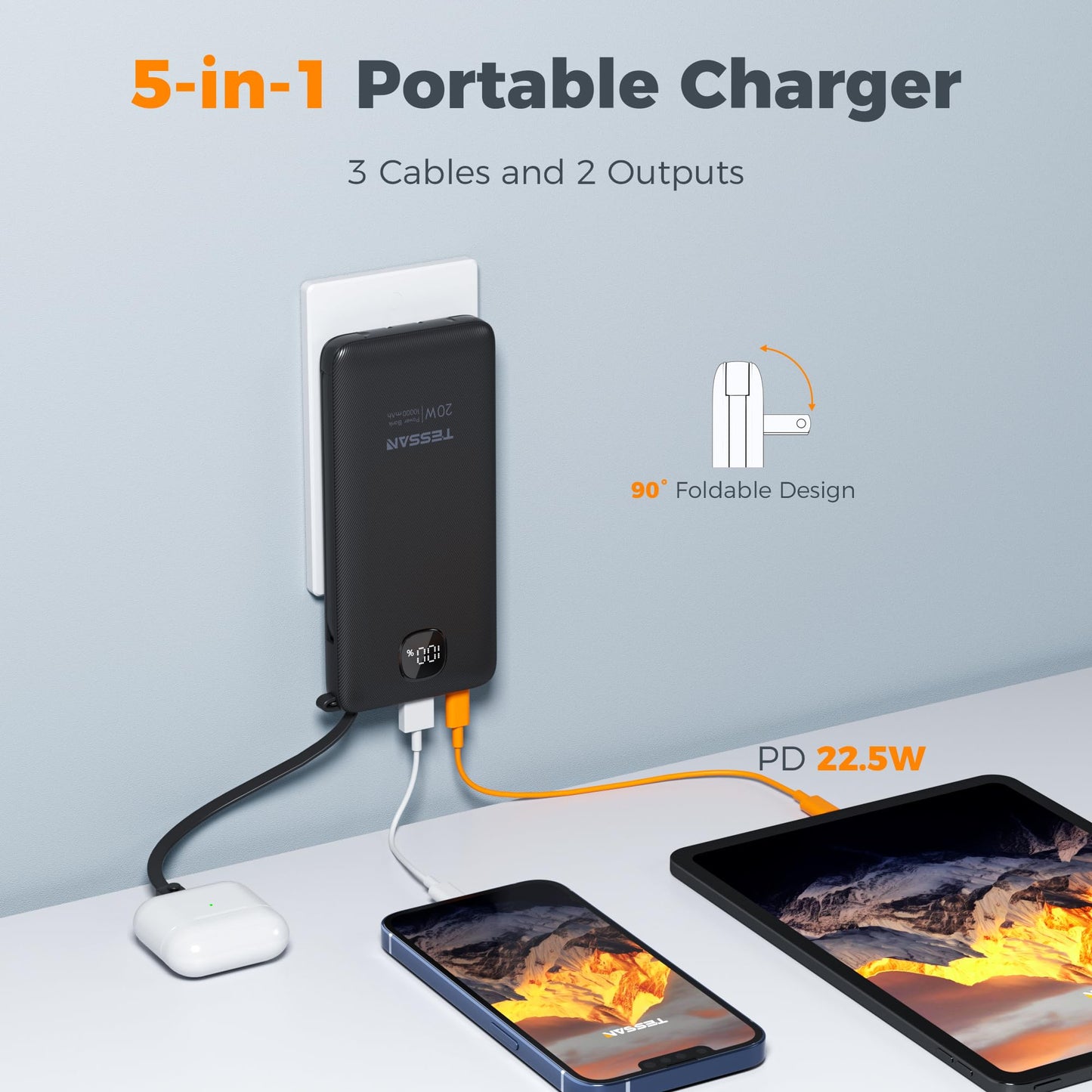 TESSAN Portable Charger with Built in Cables, 10000mAh Power Bank Fast Charging with Foldable AC Plug, PD20W Compact Battery Pack Travel Essentials for iPhone 17/16/15 Series, Samsung, Tablets, Black