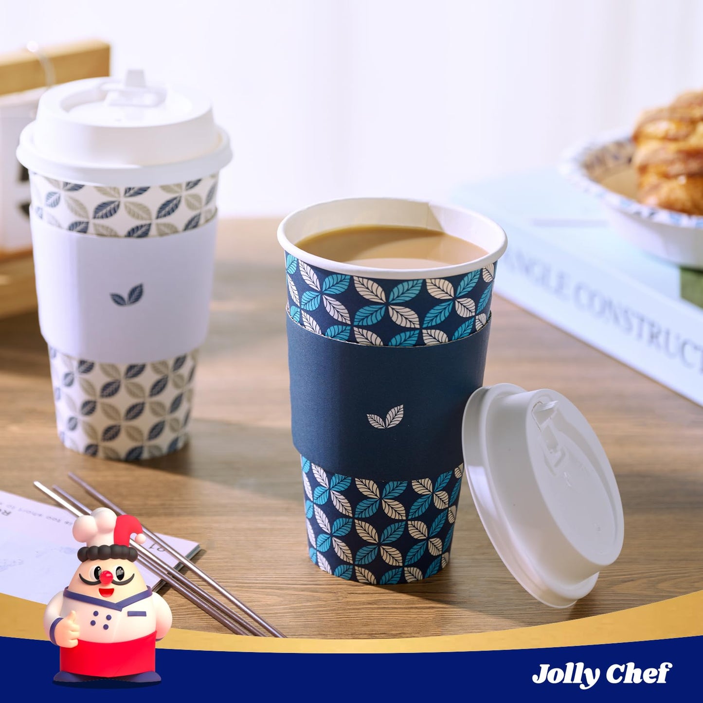 JOLLY CHEF 16 oz Coffee Cups with Lids 100 Pack, Disposable Hot Paper Coffee Cups with Lids, Sleeves and Stirrers for Christmas, Thanksgiving, Party