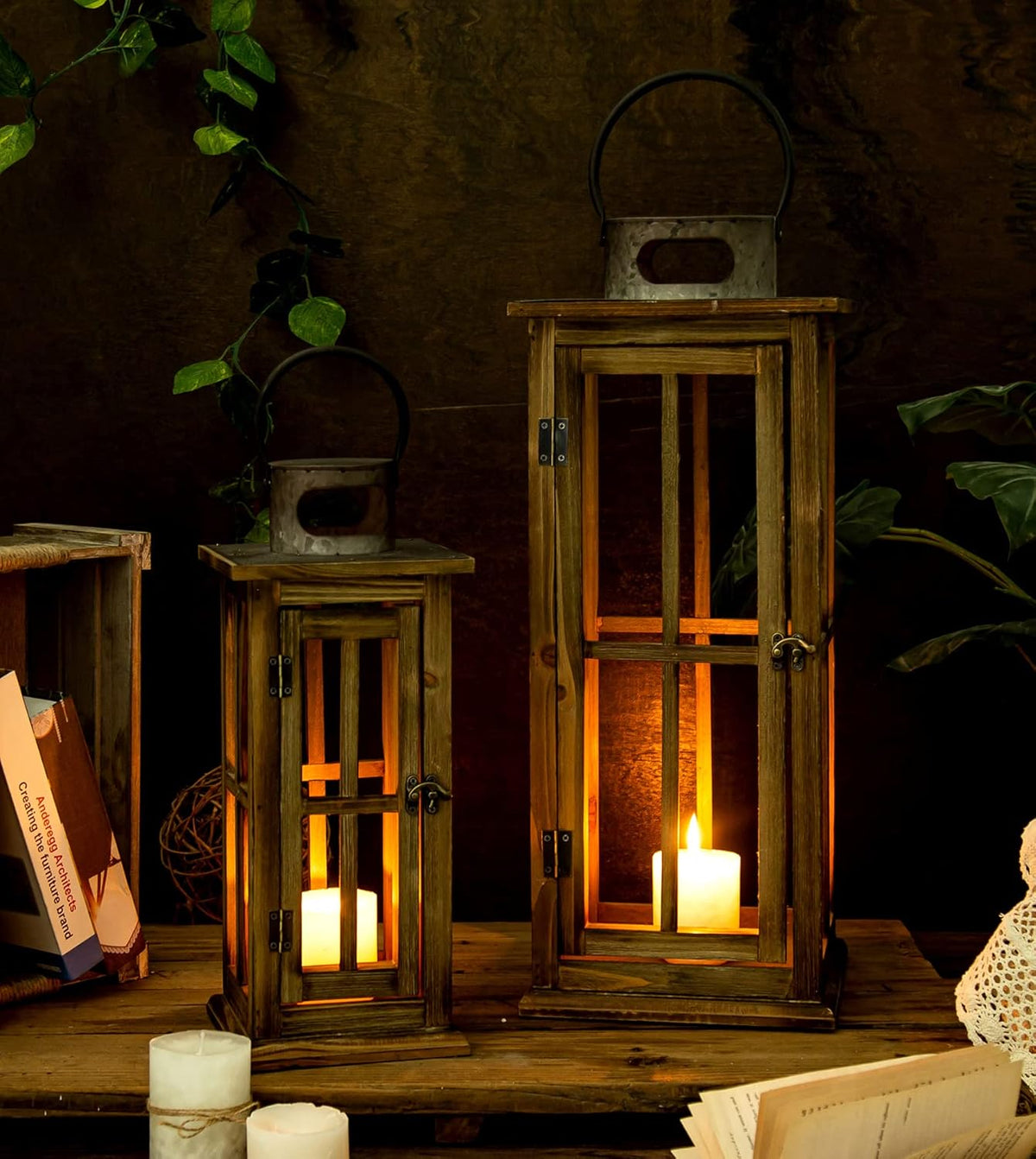 TIMRIS Large Farmhouse Wooden Metal Lantern Set of 2, Rustic Decorative Floor Candle Lanterns, Vintage Distressed Hanging Lanterns for Home Décor (No Glass)