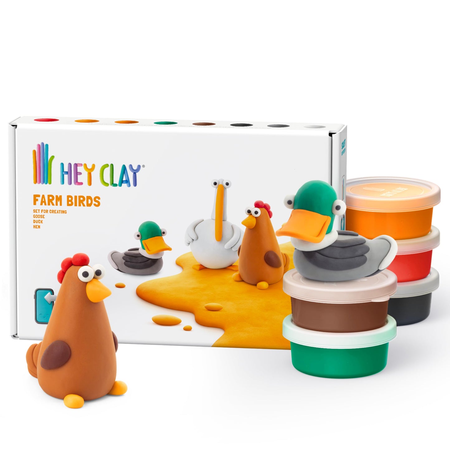 HEY CLAY Colorful Modeling Air Dry Clay for Kids 6 cans with Fun Interactive Instructions App - Kids Activities Age 3+ (Farm Birds: Duck, Goose, Hen)