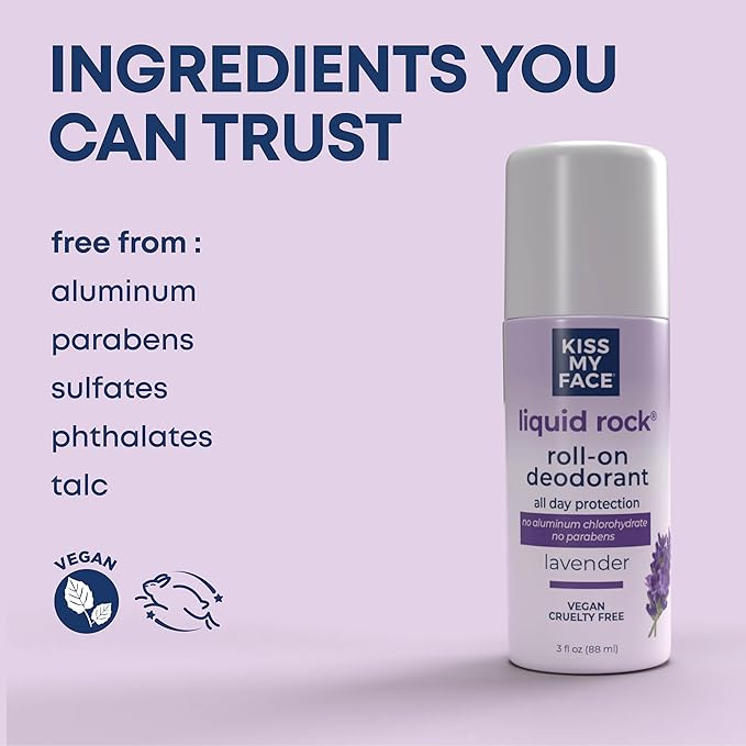 Kiss My Face Liquid Rock Roll-On Deodorant, All Day Protection, Vegan and Cruelty Free, Lavender Scent, 3 Fl Oz, Pack of 3