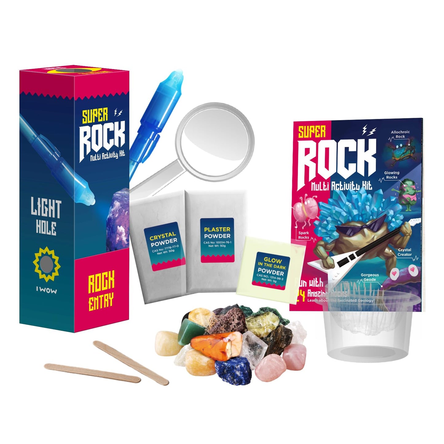 EDUMAN Super Rock Multi Activity Kit - 24 Genuine Rock Specimens, Geode Making & Crystal Growing STEM Science Toy for Kids Ages 8+ - Includes UV Light, Magnifying Glass & Darkroom Observation Box