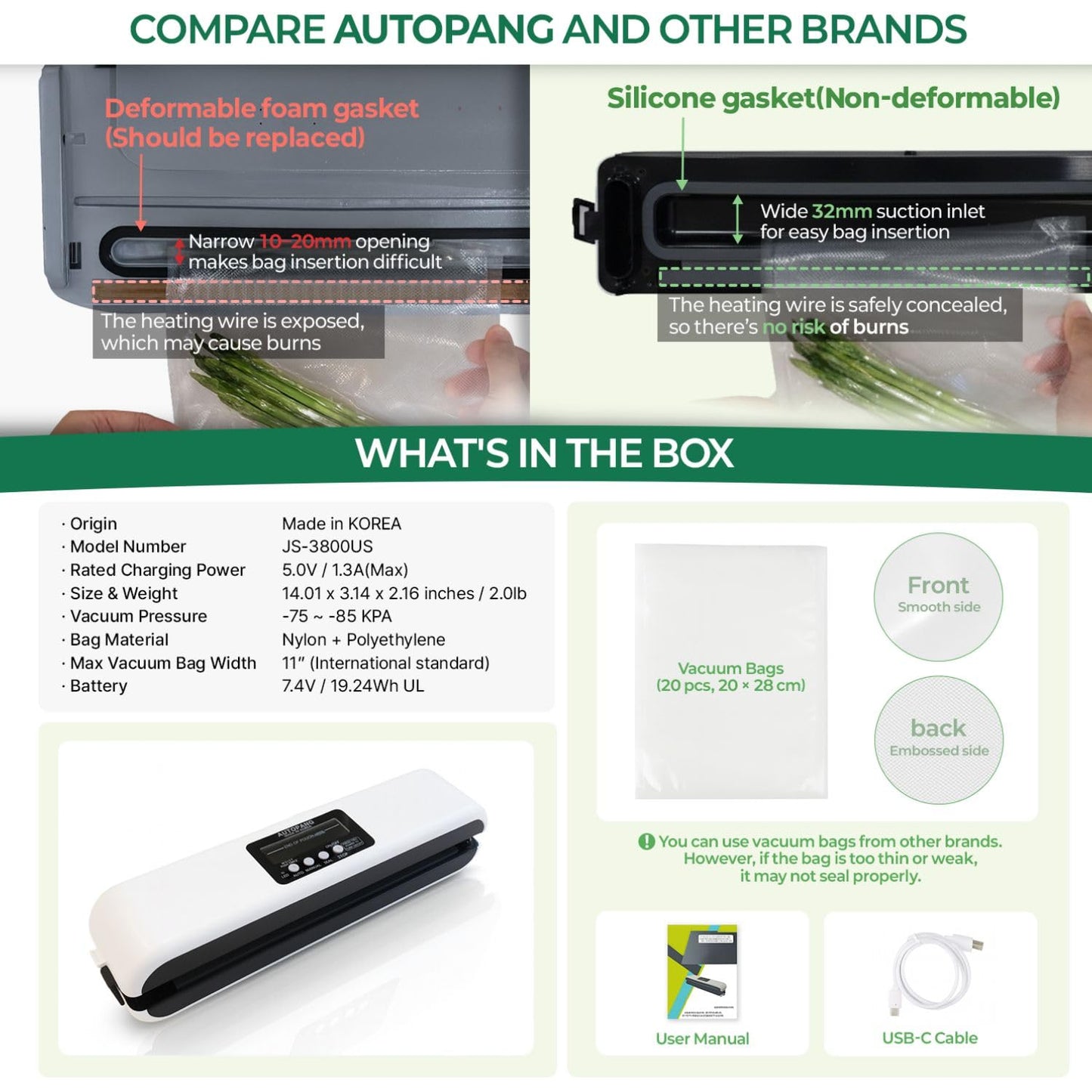 Premium Robotic Vacuum Sealer for Home & Kitchen, 85Kpa Powerful Suction One-Touch Operation Compact Food Sealer for Storage & Meal Prep, Multible Modes with 20 Pre-Cut Pouches