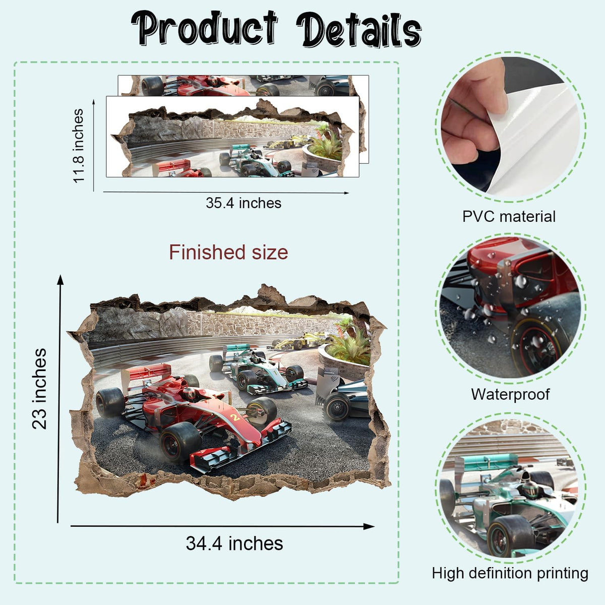 Large 3D Racing Car Wall Stickers (34.4”x 23”), Vehicles Roads Vinyl Wall Decals, Removable Racing Car Break Through Wall Art for Boys Bedroom Playroom Decor