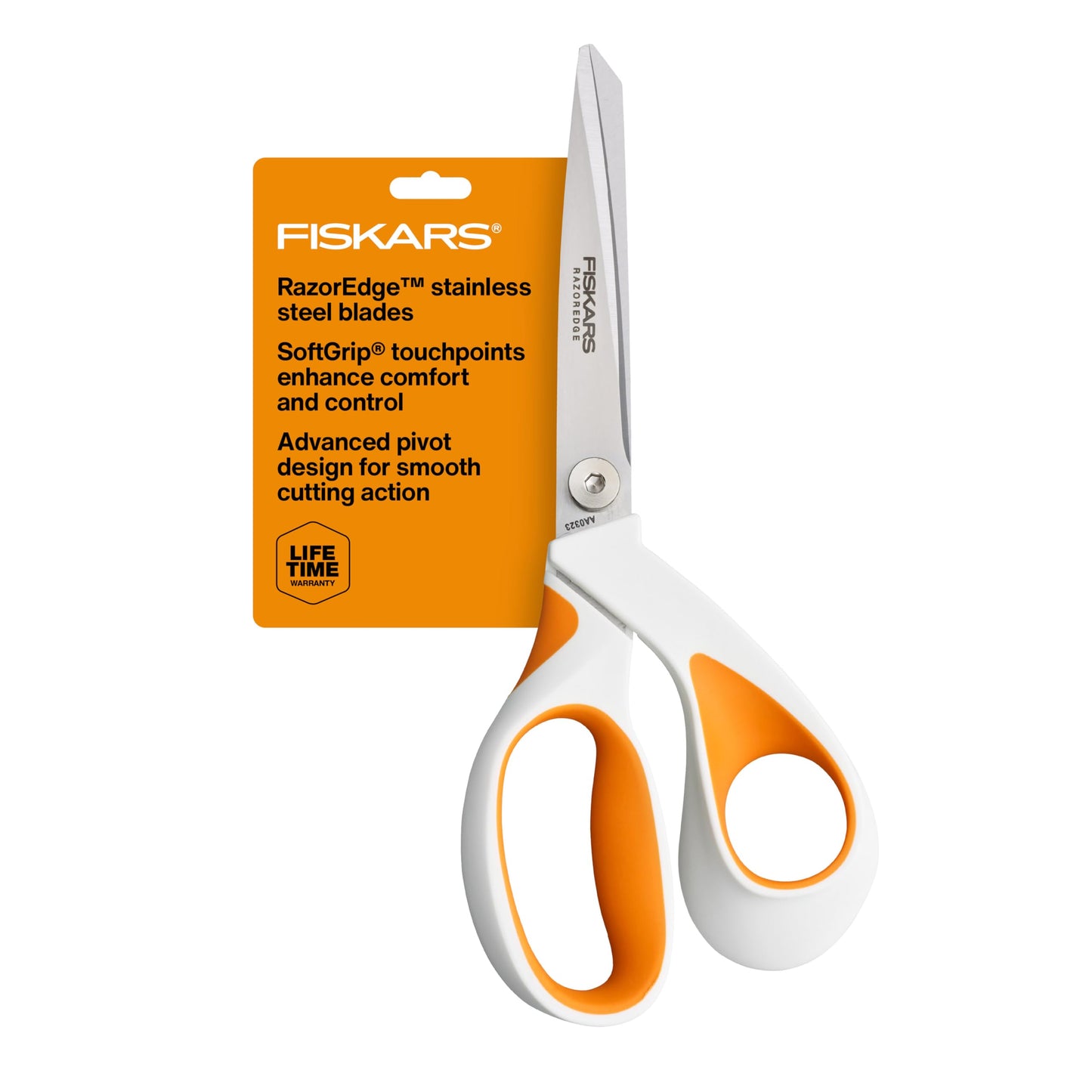 Fiskars RazorEdge Fabric Scissors, Heavy Duty Fabric Shears, Ultra-Sharp Stainless Steel Blades & SoftGrip Ergonomic Handle, 8”, White/Orange