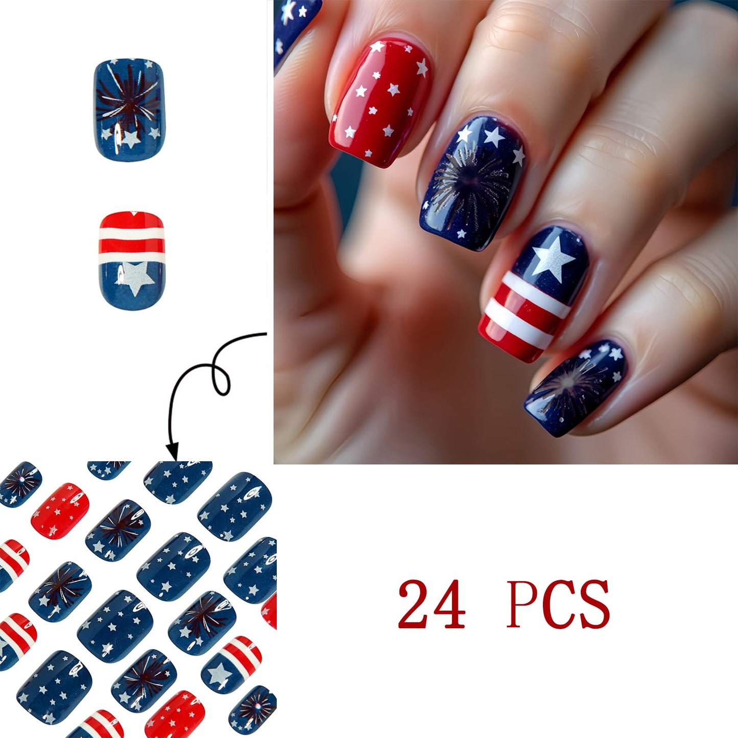 24pcs Independence Day Fireworks Press On Nails Short Square Stripes Five-Pointed Star Design False Nails Red Glitter Star July 4th Acrylic Stickers Nails for Women Girls Manicure Decoration 24pcs
