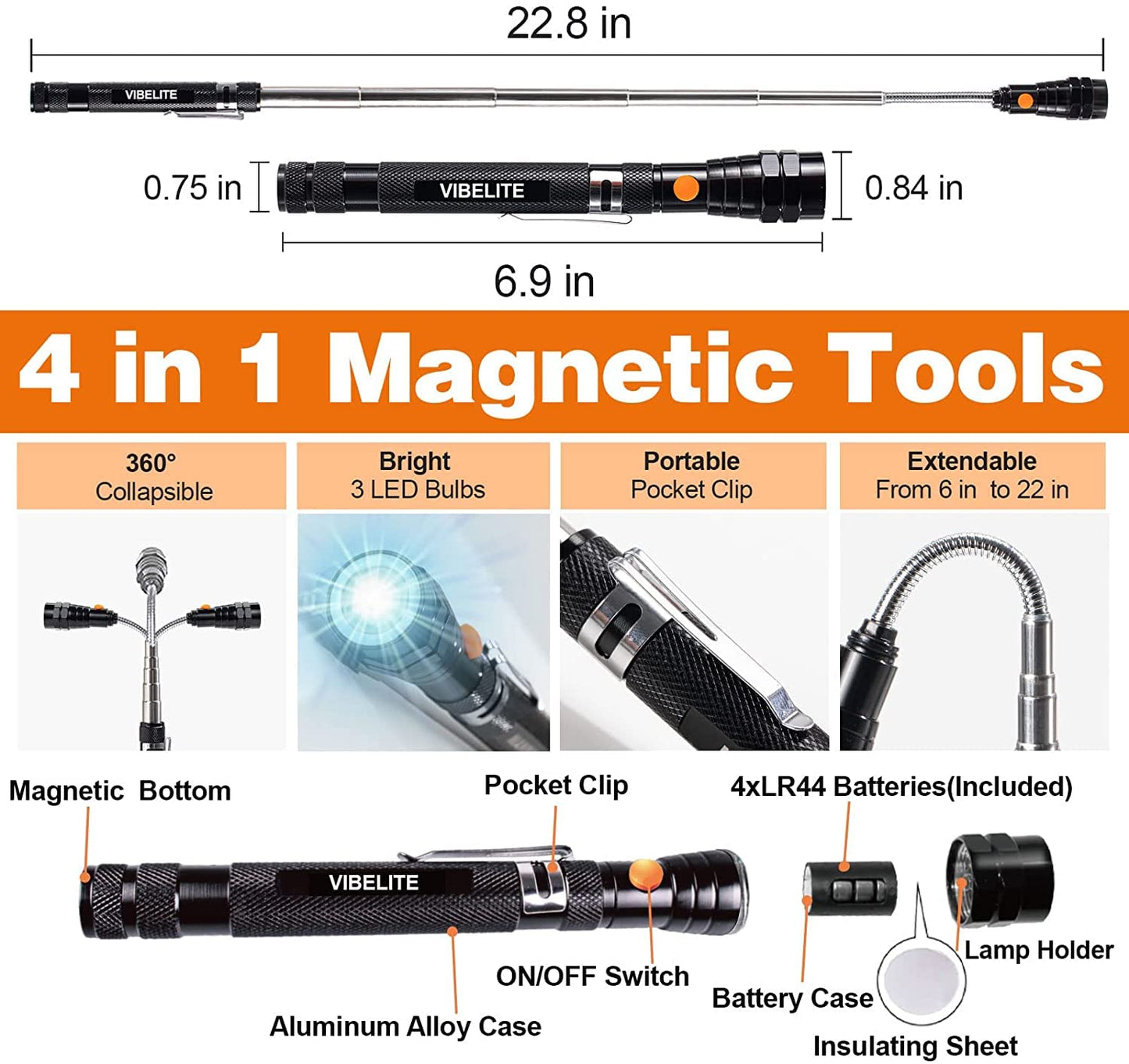 Magnetic Pickup Tool and 6 in 1 Multitool Pen with Touch Screen Stylus, Rulers, Bubble Level, Flathead, Phillips Screwdriver, Ballpoint Pen, BIrthday Gifts for Men, Him, Dad, Mechanic, Women, 2Pack