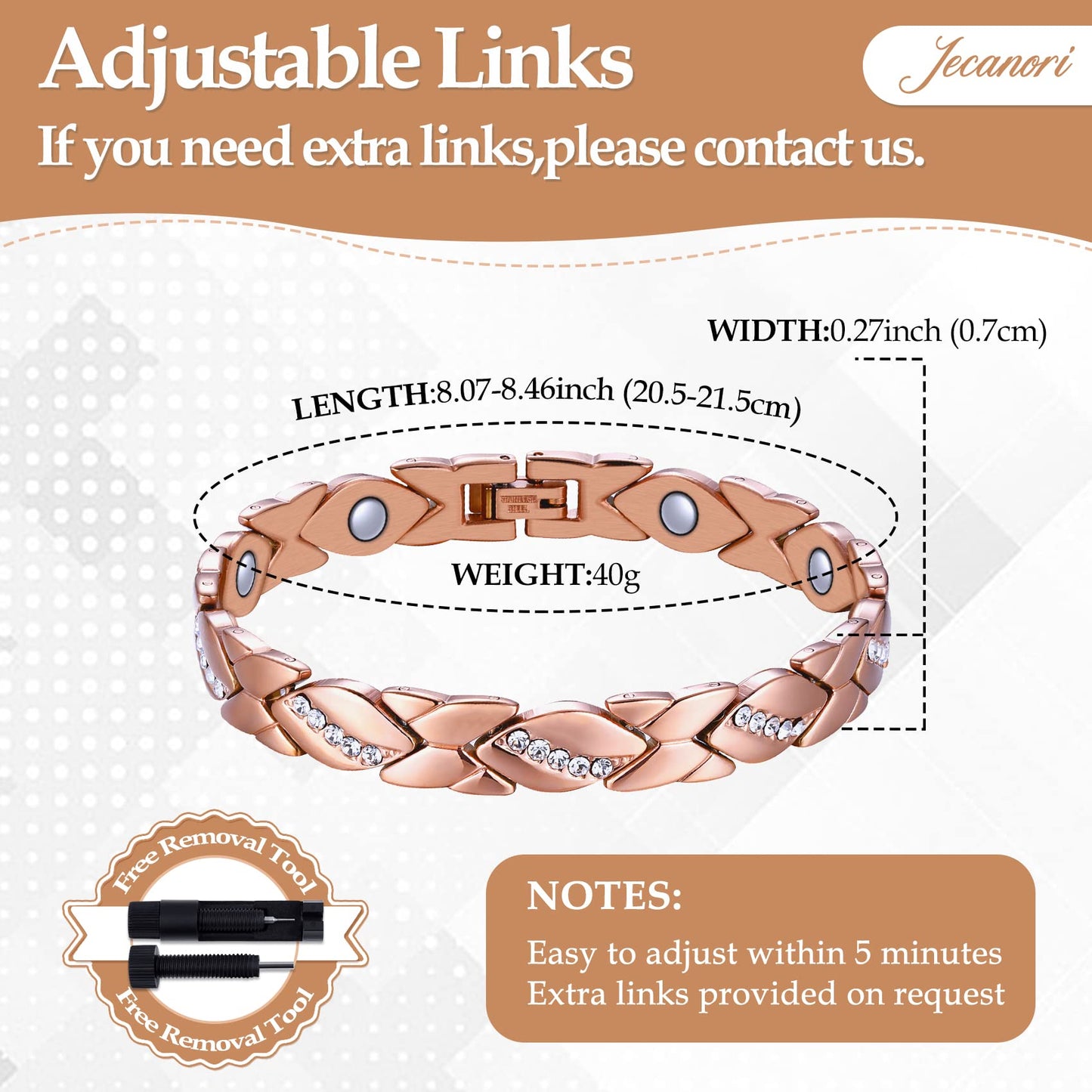 Jecanori Copper Magnetic Bracelets for Women,Adjustable 99.9% Solid Copper Bracelets,Valentine's Day Gifts Magnetic Jewelry with Sizing tool