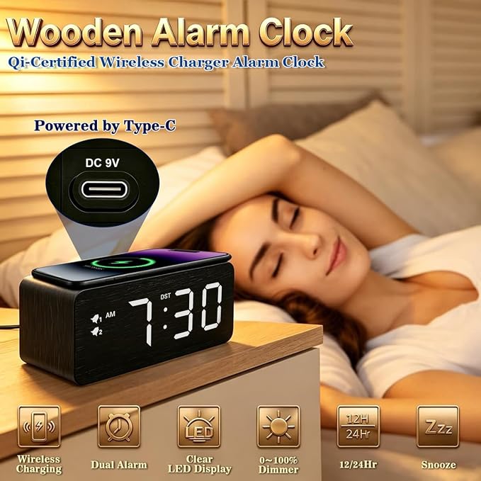 URAYCO Wood Digital Alarm Clock with 10W Fast Wireless Charger, USB Charging Ports, DST, Dimmable, Snooze, Large Number LED Display for Bedrooms, Desk, Living Room Table, Bedside, Nightstand (Black)