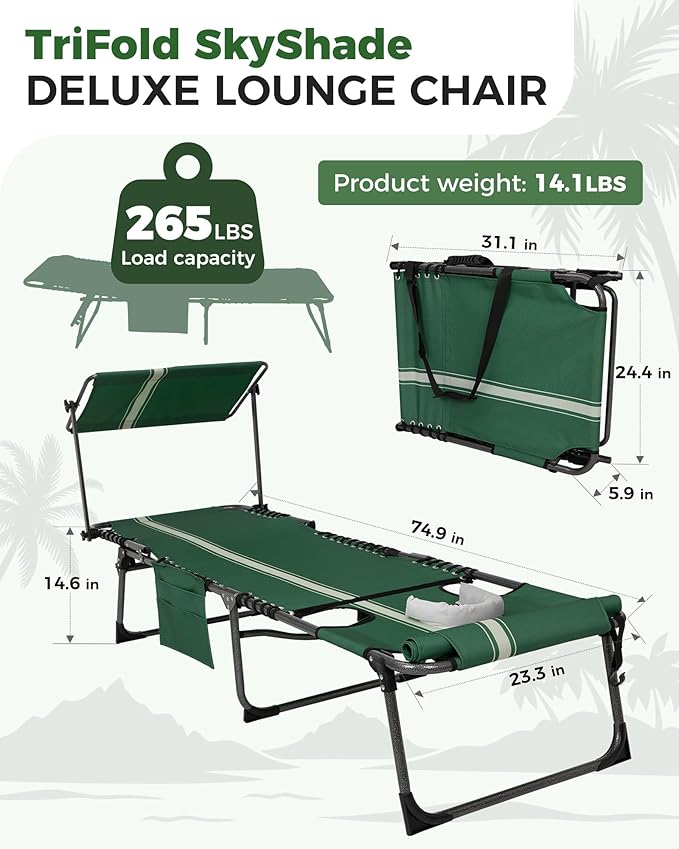 KingCamp Tanning Chair with Face Hole, Lounge Chairs Outdoor Folding Comfy Adjustable 5-Position Foldable Chaise Chaser with Canopy Shade for Outside Beach Patio Sun Bathing Pool, Green/White