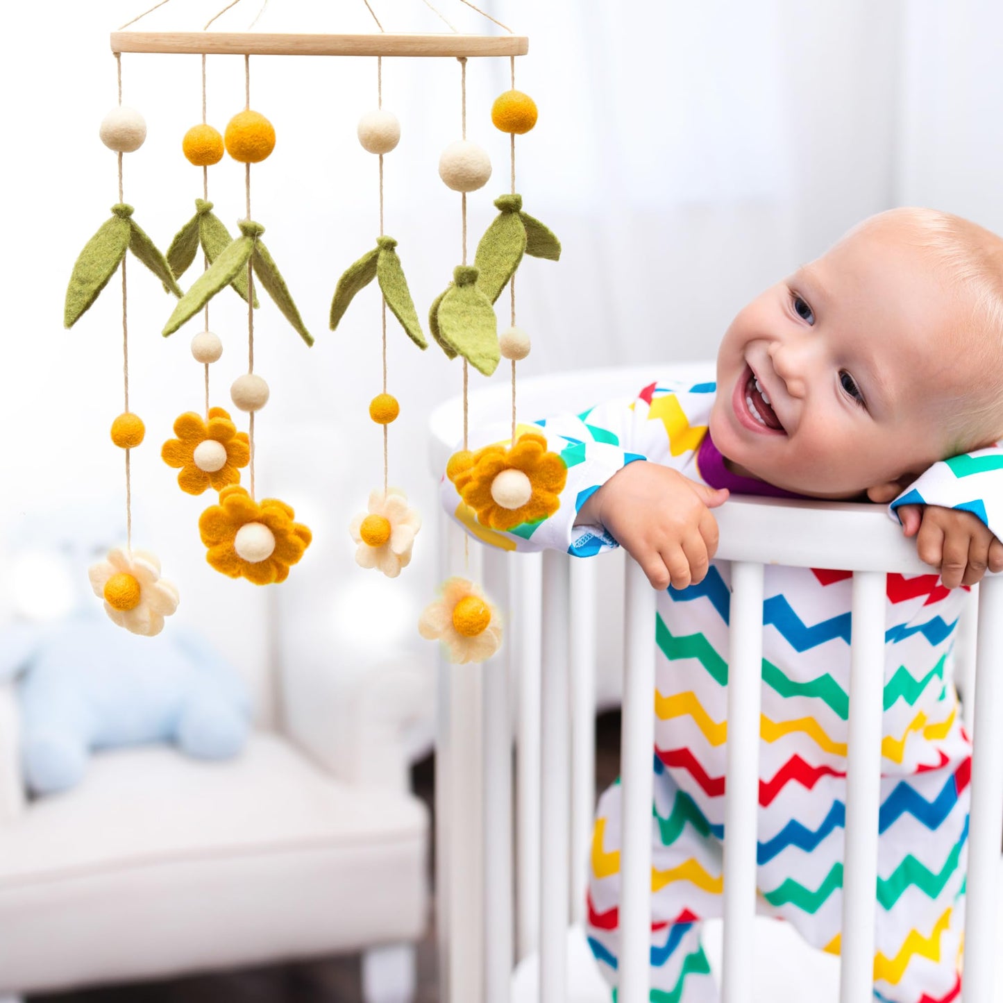 GLACIART ONE Baby Nursery Flower Mobile for Crib | Gender Neutral Mobile for Daisy Nursery Decor | Felt Hanging Leaves & Daisy Flowers Room Decorations Handmade from Natural Wool | Great Gift Idea