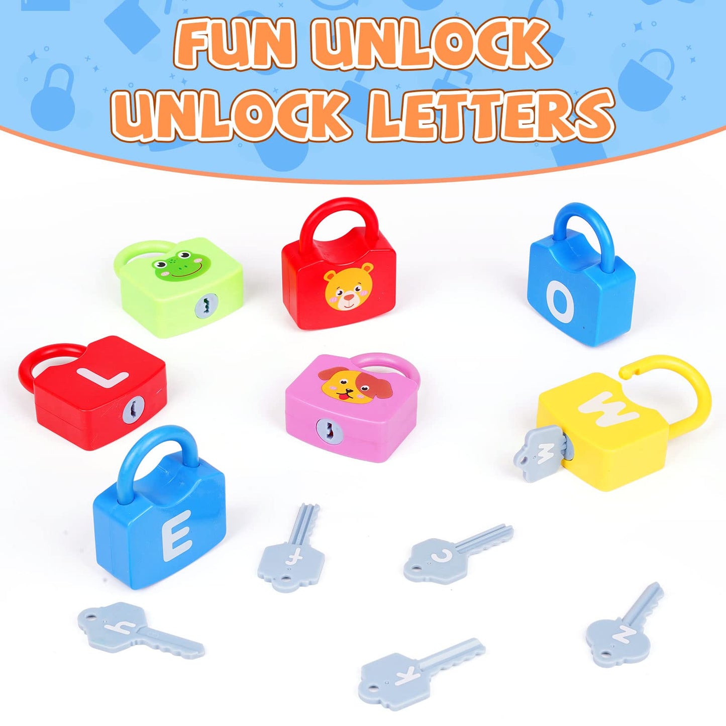 AXEARTE Montessori Educational Toys - Alphabet Learning Locks and Keys for Toddlers - 26 Locks & Keys Set - Baby Sensory Fine Motor Skills Toys - ABC Locks and Keys