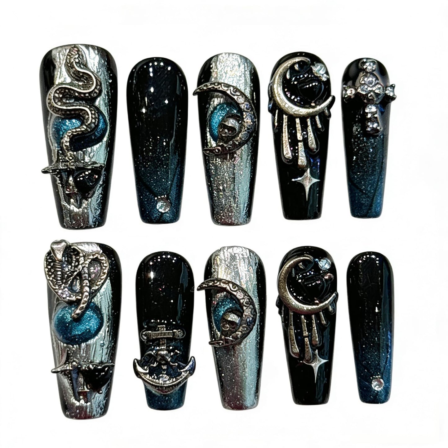 Handmade Press on Nails Square Dark Snake-Shaped Star and Moon 3D Nail Art in Silver-Black, Cool Gothic Style Acrylic Nails Press on Handmade Nails 3D Handmade Press on Nails(S)