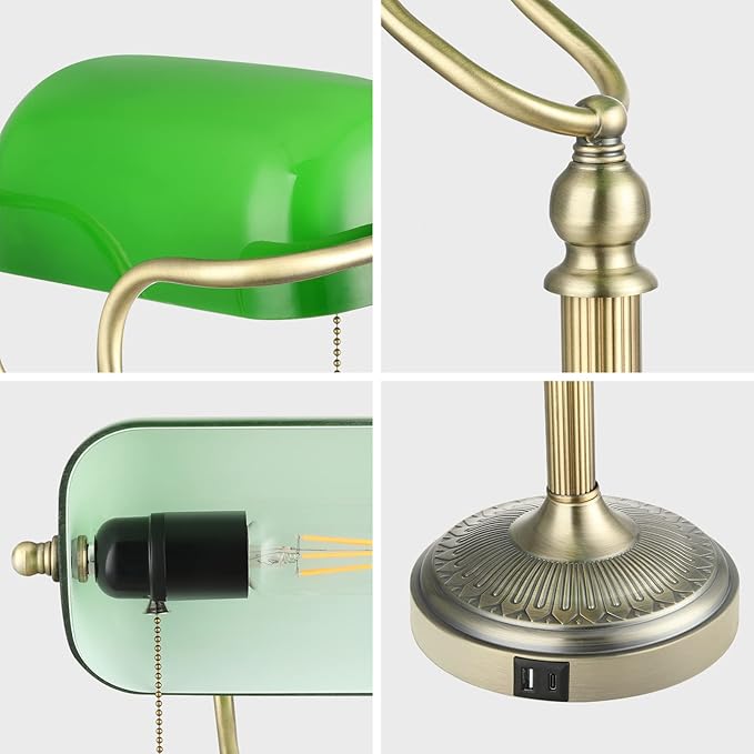 Newrays Green Glass Bankers Desk Lamp with Pull Chain Switch Plug in Fixture,USB Fast Charging Port