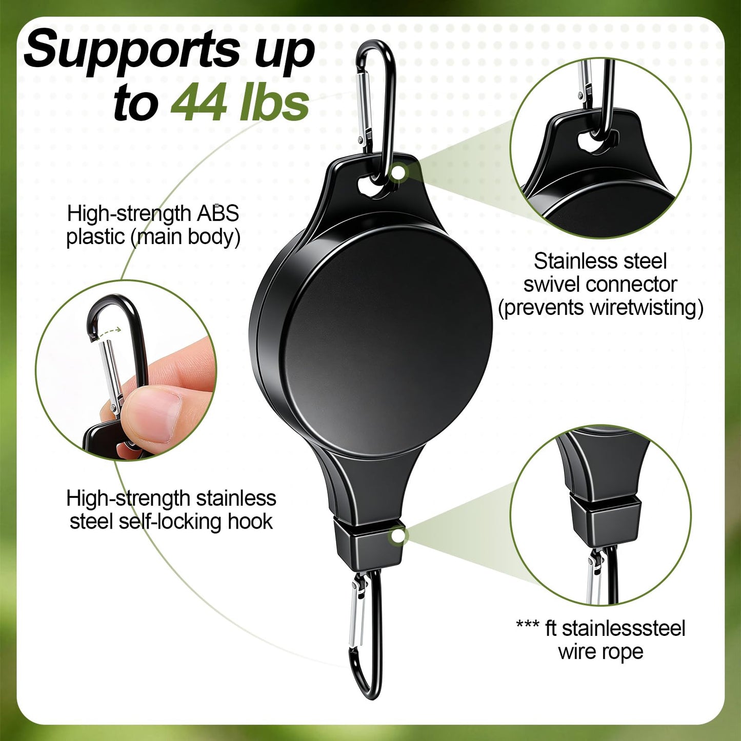 TERVEEX Retractable Plant Hanger with Pulley System, Effortless Raising and Lowering for Indoor and Outdoor Plants, Hanging Planters, Garden Pots & Bird Feeders (4-Pack,Black)