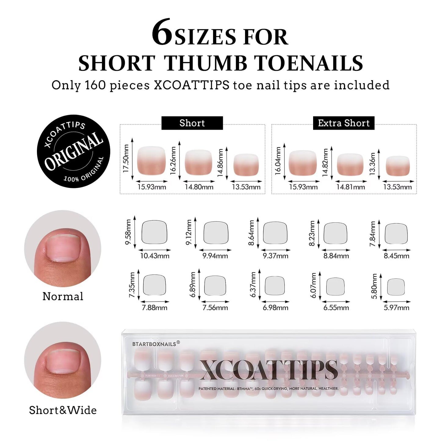 BTArtboxnails XCOATTIPS Toe Nail Tips - Ombre Short Press On Toenails for Women, 160 Pcs 16 Sizes Brown White Soft Gel Toe Nail Press Ons, Soak Off Acrylic Fake Toe Nail Extensions