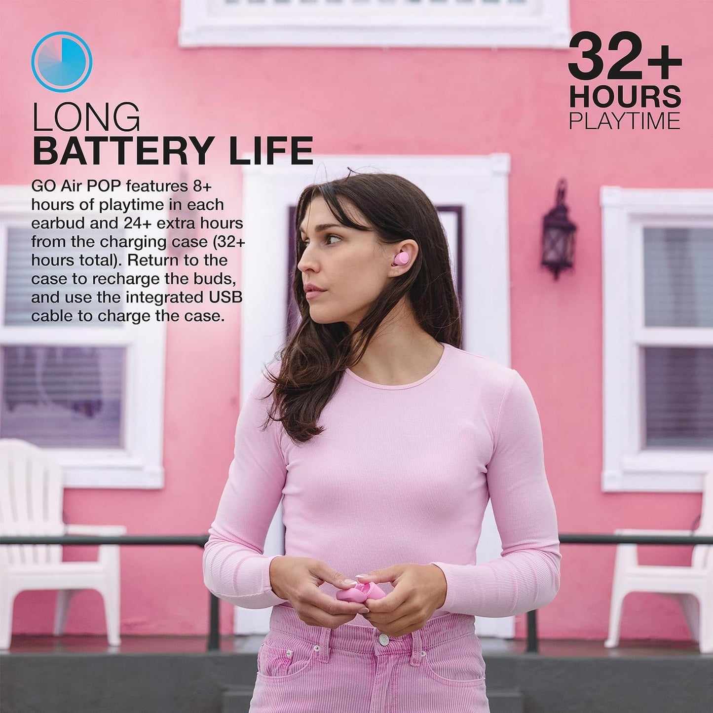JLab Go Air Pop+ True Wireless Bluetooth Earbuds in Pink Plus Cloud Foam Mnemonic Earbud Tips