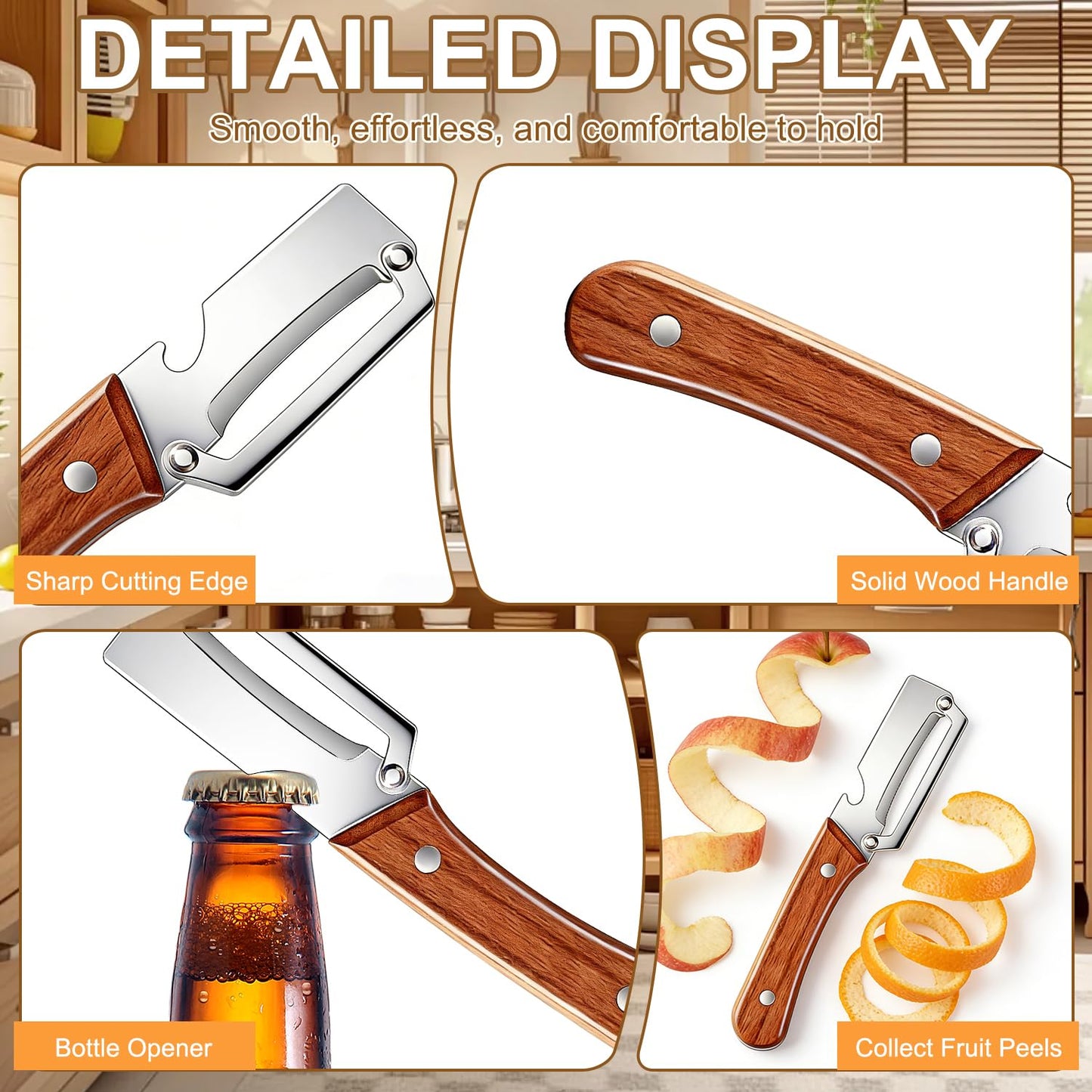2PCS Multi Functional Premium Vegetable Peeler with Wooden Handle and Bottle Opener,Stainless Steel Blade Kitchen Tool for Fruit Apple Potato Pumpkin Papaya Carrot
