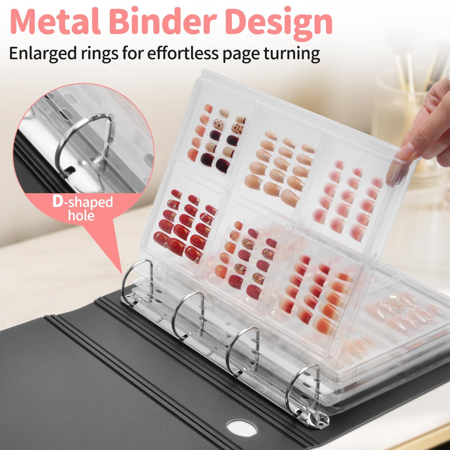 CGBE Press On Nail Organizer: Upgraded Dust & Crush-Resistant Protection - Removable D-Ring Binder Pages - Press On Nail Storage with Nail Tape