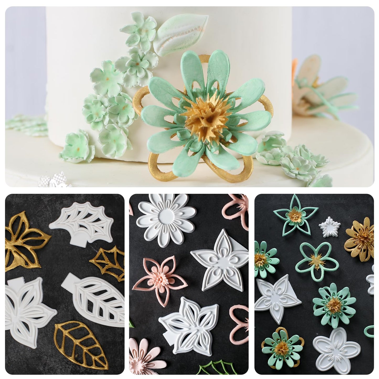 13Pcs Fondant Flower & Leaf Mold Kit, Includes Cherry Blossom, Daisy & Periwinkle Designs, Complete Sugarcraft Supplies for Cake Art