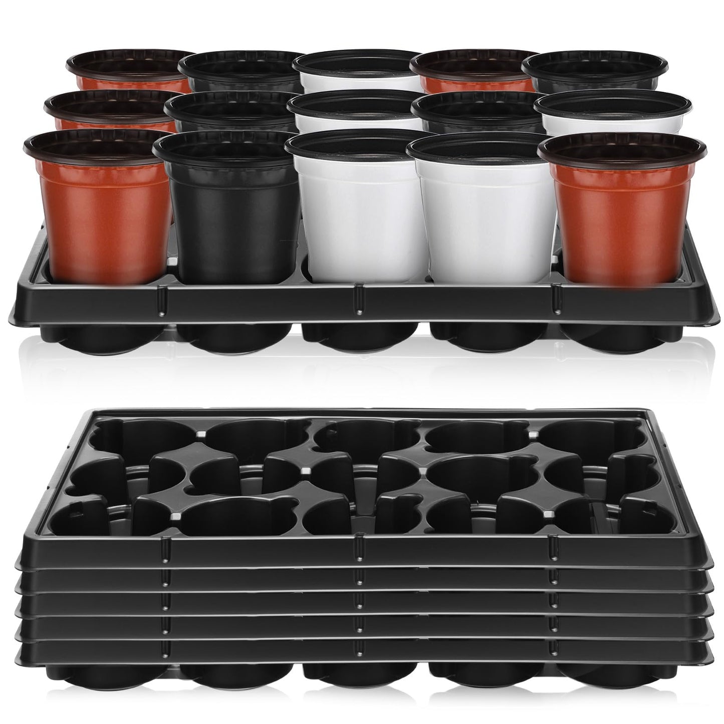 Baderke 4 Inch Round Nursery Pots 90 Pcs, 15 Cell Nursery Pots Trays 6 Pack, Durable Seedling Starting Germination Flowerpot Trays, Small Planter Propagation 6 Sets(Multicolor)
