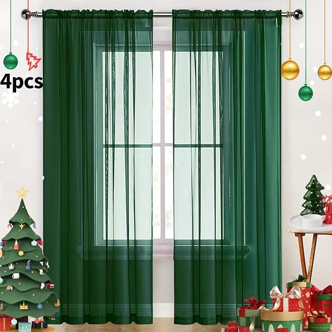 SpaceDresser Foliage Green Sheer Curtains 4 Panels Rod Pocket Semi-Sheer Curtain 72 Inches Long Light Filtering Voile Window Drapes for Bedroom Living Room Kitchen, Each 52W x 72L