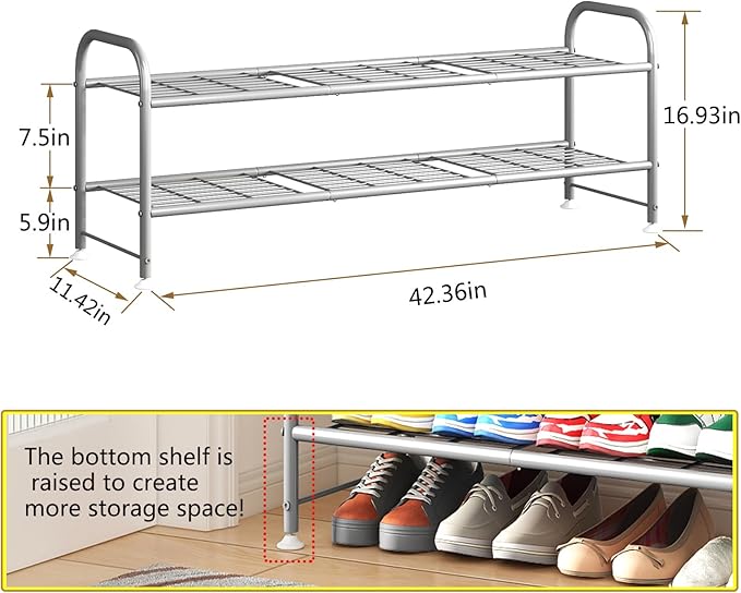 LINZINAR Shoe Rack 2 Tier Storage Organizer for Closet Entryway Metal Grey
