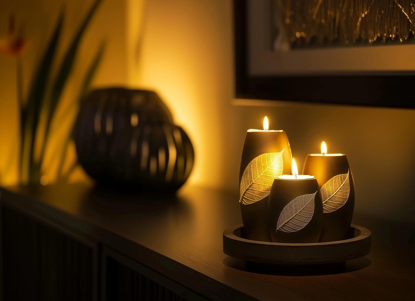 IYARA CRAFT Candle Holder Set with Tray – 3 Handmade Wood Tealight Holders, Black Leaf Design, Winter Home Décor, Spa-Inspired Holiday Centerpiece & Elegant for Women, Mom, Housewarming