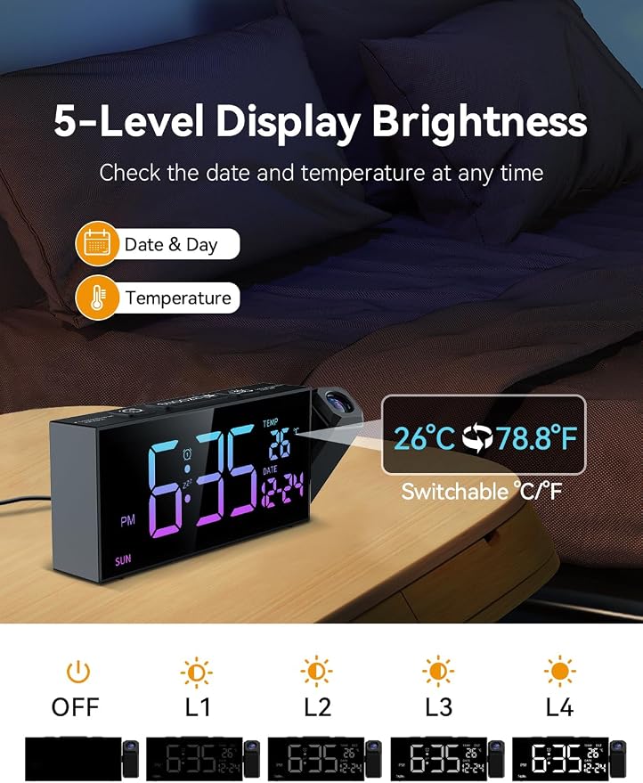 Netzu Projection Clock for Bedroom Ceiling, Alarm Clocks RGB