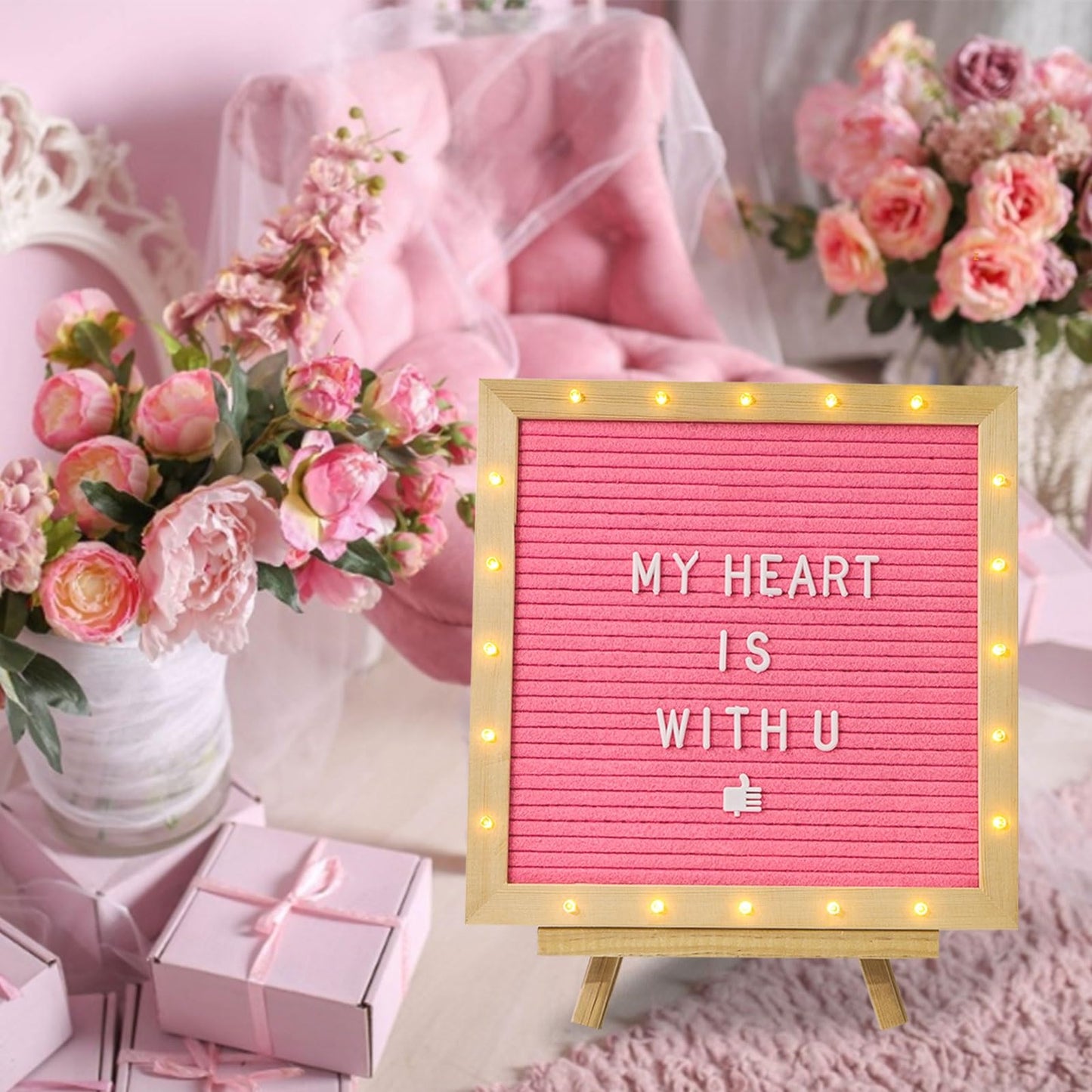 Pink Felt Letter Board with Stand, Built-in LED Lights With Tripod Stand and Wall Mount Hanger for Party Home Decor(10x10),Menu Board, 340 Letters for Custom Sign Messages, Party Planning (Pink)