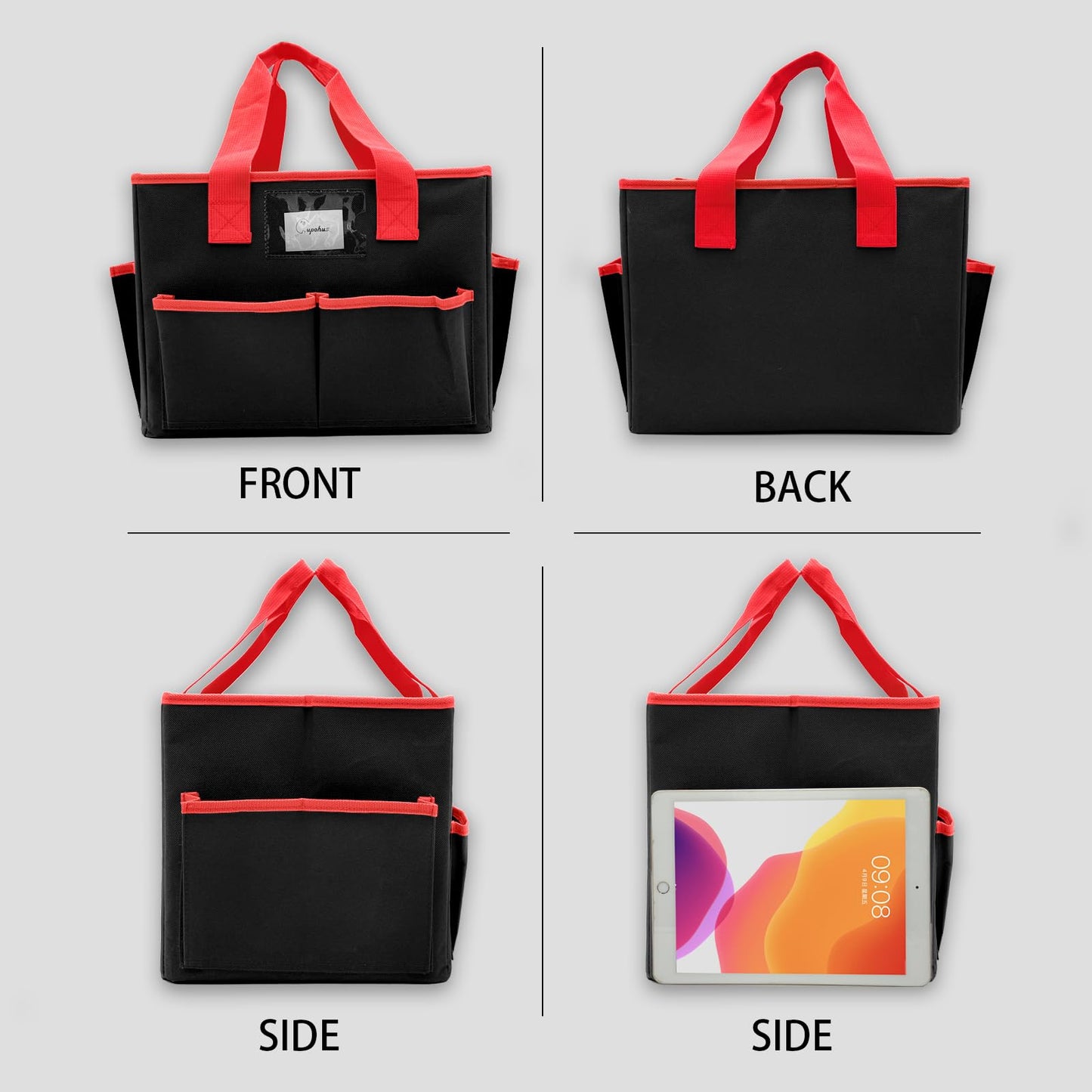 Cupohus Extra Large Art Organizer Craft Storage Tote Bag with Pockets and Hadles, Oxford Fabric Carrying Caddy for Teacher, Officer, Artist, Students, Traveler, and more – Black with Red Edge