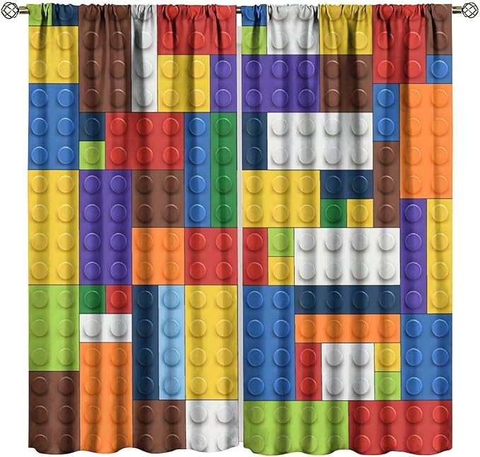 Kids Boy Curtain Blocks Toy Abstract Outline Colorful Geometric Brick Print Curtain for Boys Girls Nursery Room Curtains 52x84 Inch 2 Panels(Decor Curtains