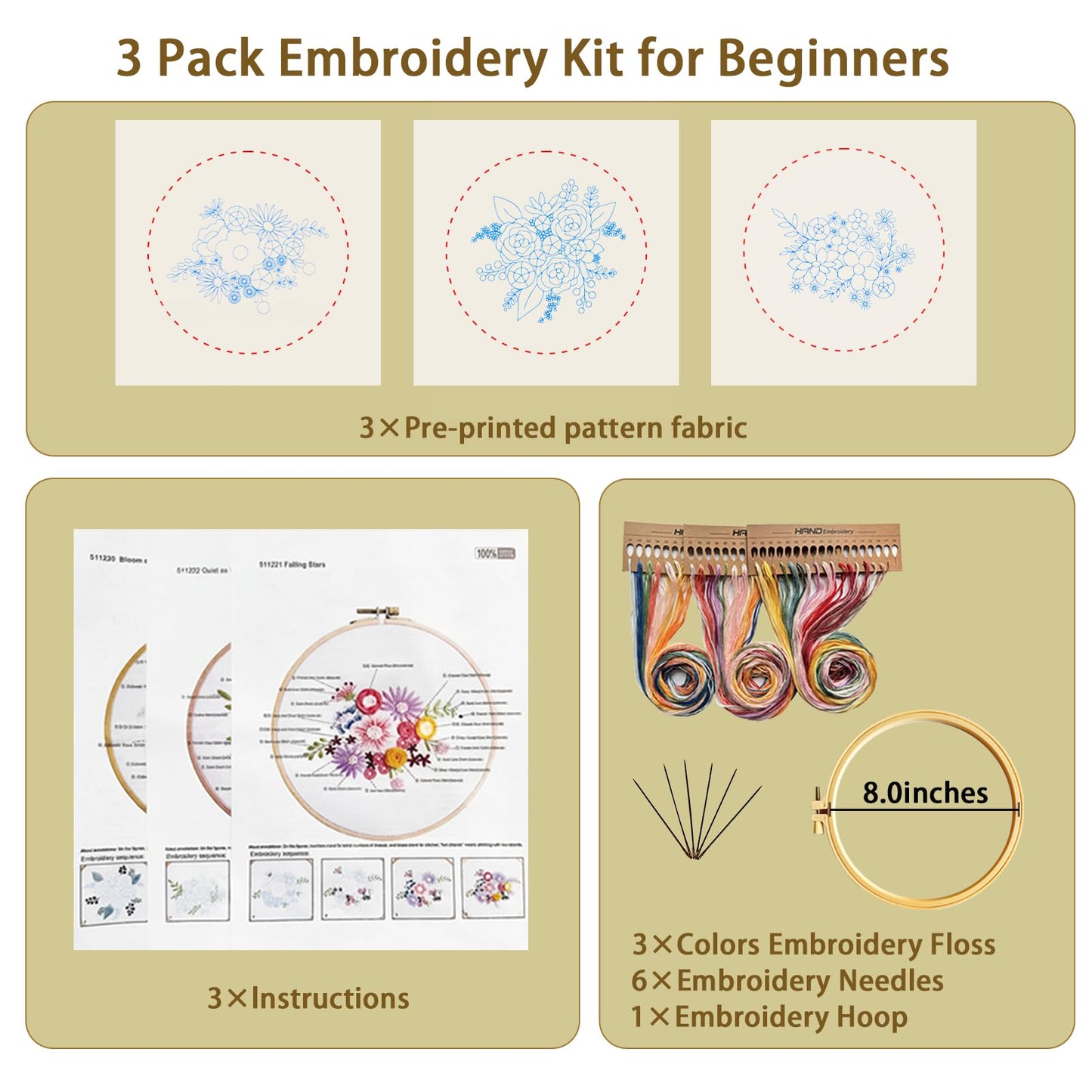 Gmakto Embroidery Kits for Beginners,3 Sets Beginner Embroidery Kit for Adults,Including 3Pcs Embroidery Cloths with Floral Pattern, 1 Pcs Plastic Embroidery Hoops, 3Pcs User Manual(Flower)