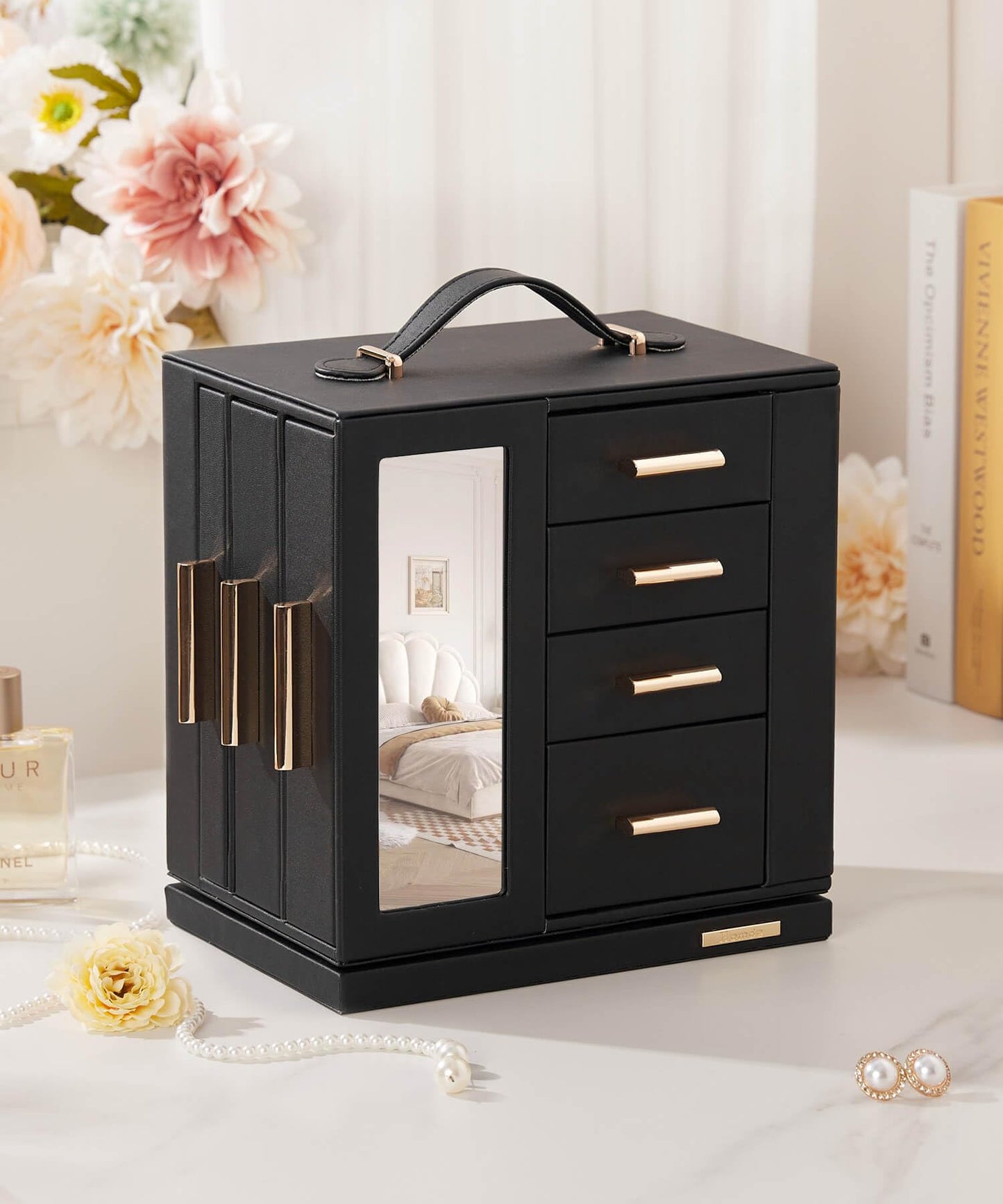 Homde Jewelry Box for Women Large: Rotating Organizer for Ring Earring Necklace Bracelet - 7 Drawers Storage for Dresser (Black)