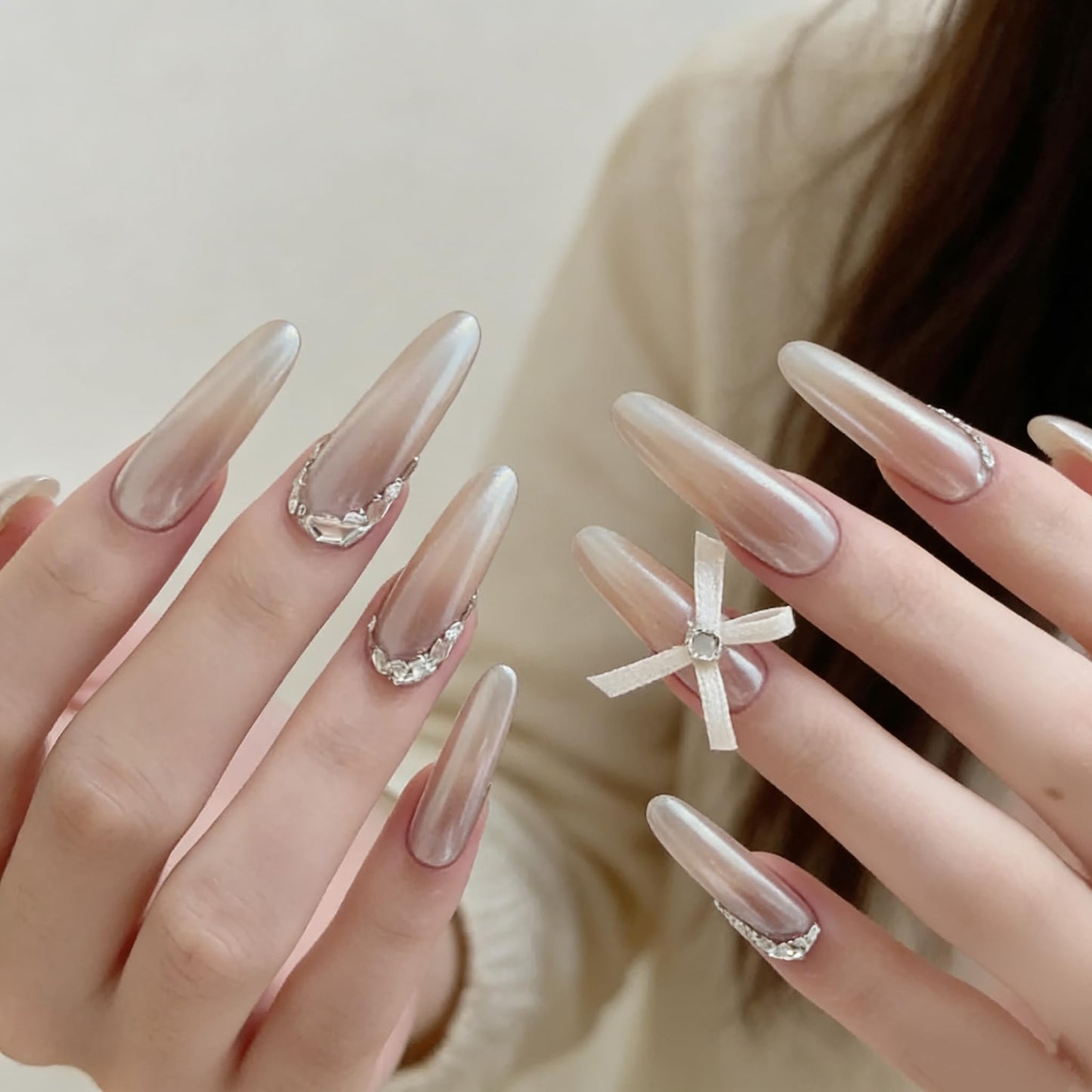 24pcs Elegant pearl white Press On Nails,extra-long almond Fake Nails with crystal bow Decor, Reusable Stick On Nails for parties&special occasions