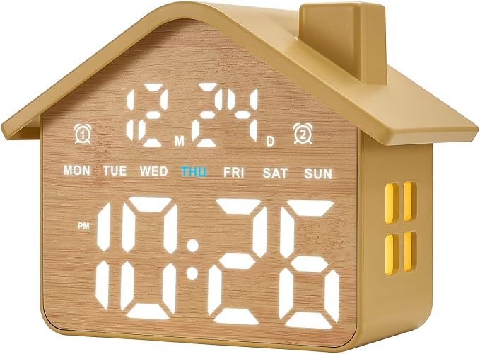 Plumeet Wooden Digital Alarm Clock, Bedroom Clock with Large Numbers, Date, Week, Dual Alarms, Dimmer and Ambient Light, House-Shaped Electric Bedside Desk Clock, Adapter Batteries Powered