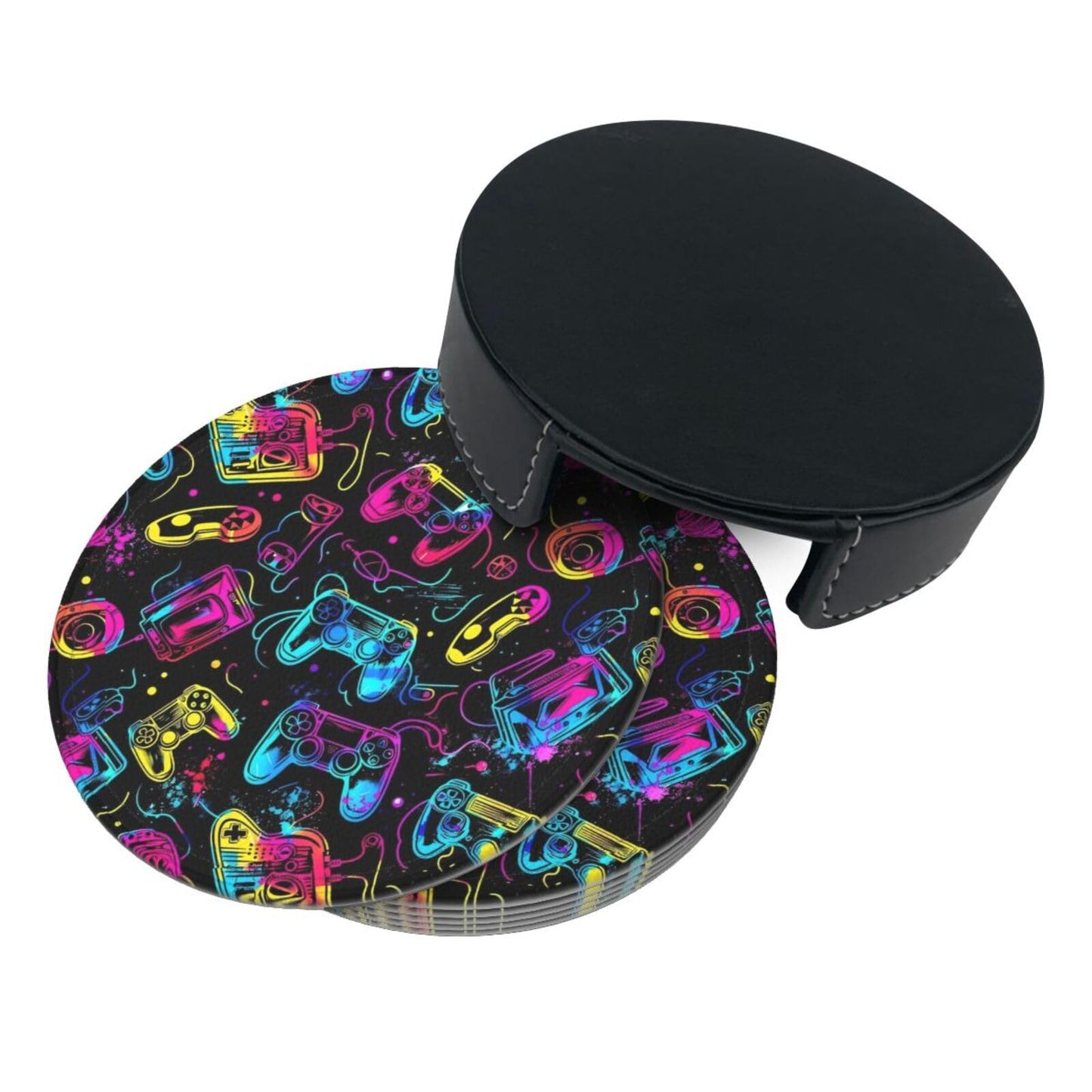 BOXIMIAO Drink Coasters with Holder Stand Set of 6, Bright Game Controller Pu Leather Absorbent Coasters with Cork Base Table Coaster Round Coasters for Housewarming Apartment Kitchen Bar Decor
