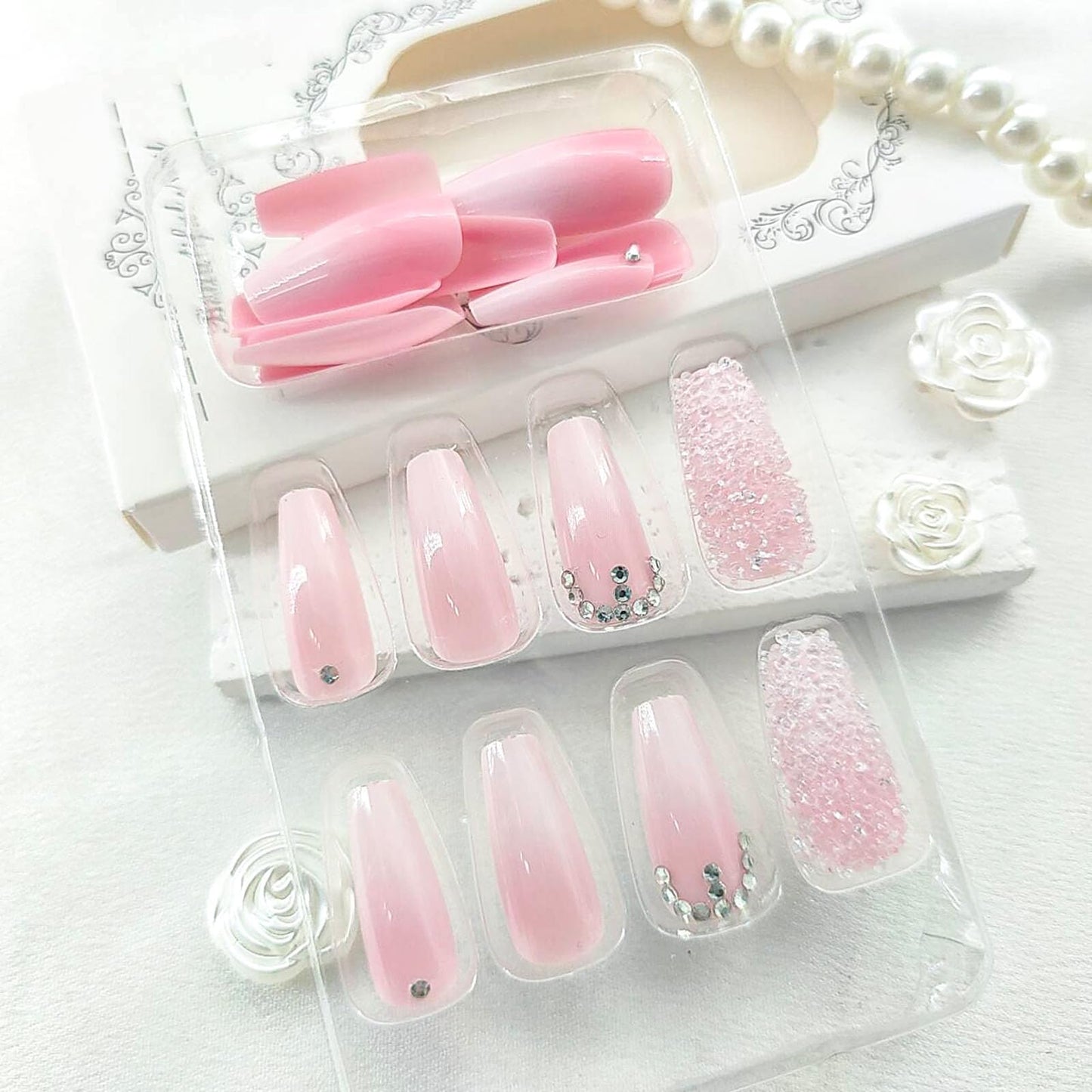 Coffin Press on Nails Medium Fake Nails with Rhinestones Gradient Designs Full Cover Nails Press ons Glossy Glue on Nails Pink Acrylic Nails White False Nails Cute Stick on Nails Women 24Pcs