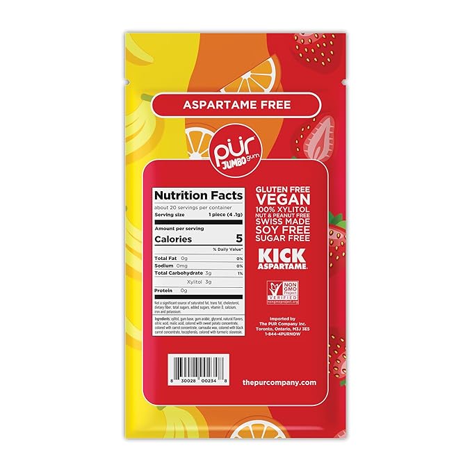 PUR Jumbo Gum | Aspartame Free Chewing Gum | 100% Xylitol | Natural Strawberry, Banana, Orange Flavor, 20 Pieces (Pack of 3)