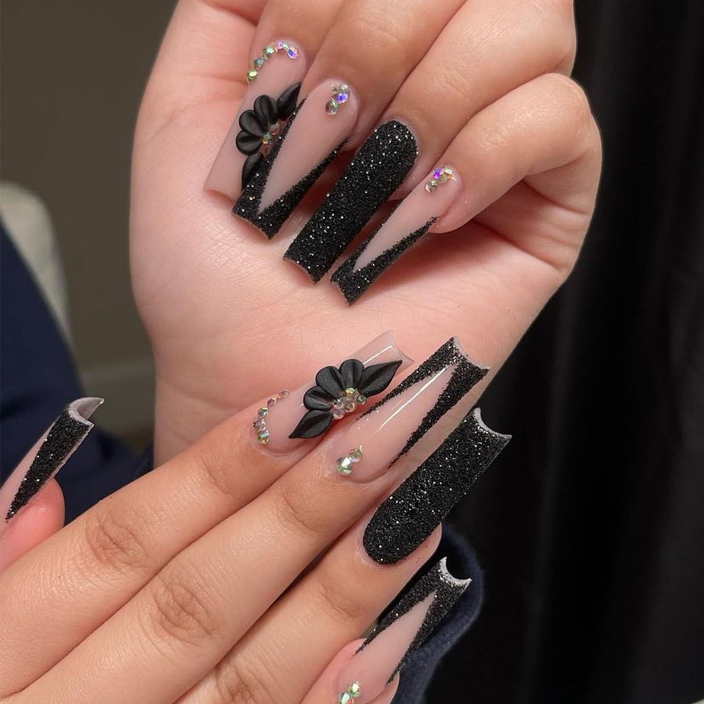 IMSOHOT Press on Nails Long Square Fake Nails Black French False Nail Tips Glossy Acrylic Full Cover Rhinestones Glitter Glue on Nails for Women 24Pcs