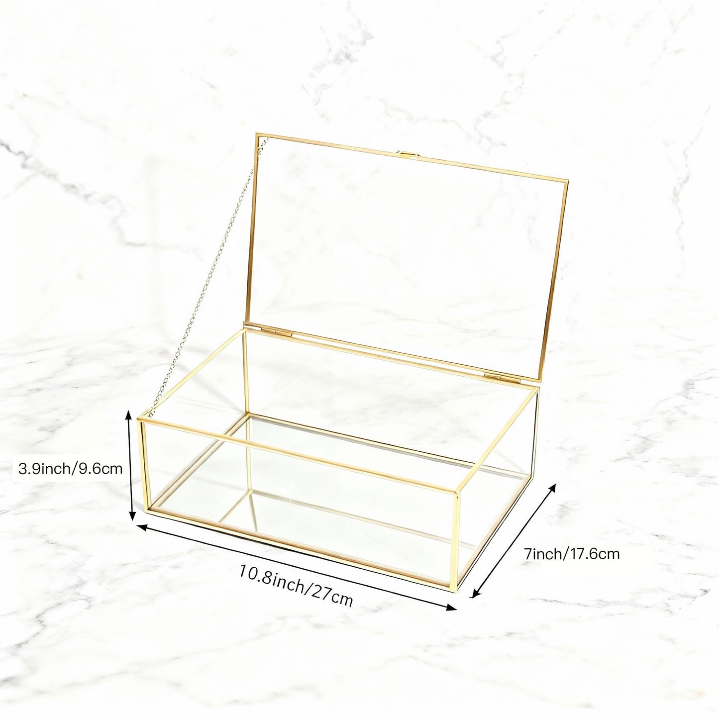 Feyarl Gold Glass Wedding Cards Display Box Keepsake Memory Photo Box Jewelry Trinket Rings Earrings Organizer Display Makeup Holder for Home Decor Wedding Engagement (10.8 x 7 x 3.9inch)