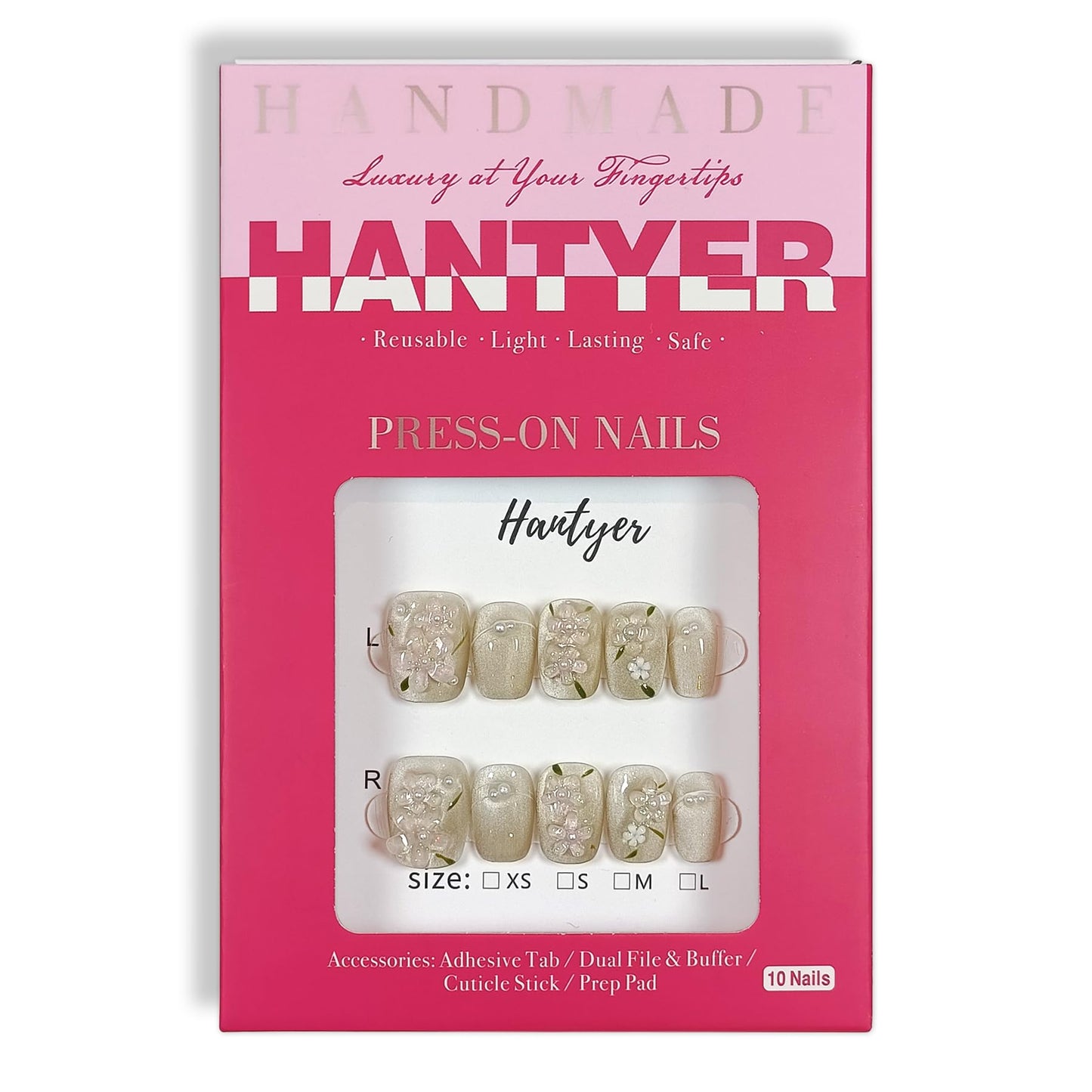 Hantyer Press on Nails | Short Coffin Fake Nails with Cat Eye Design, 3D Floral & Pearl Accents, False Nails with Icy Tea Glossy Finish, Reusable Handmade Nails in Sweet Style for Women(Size S)